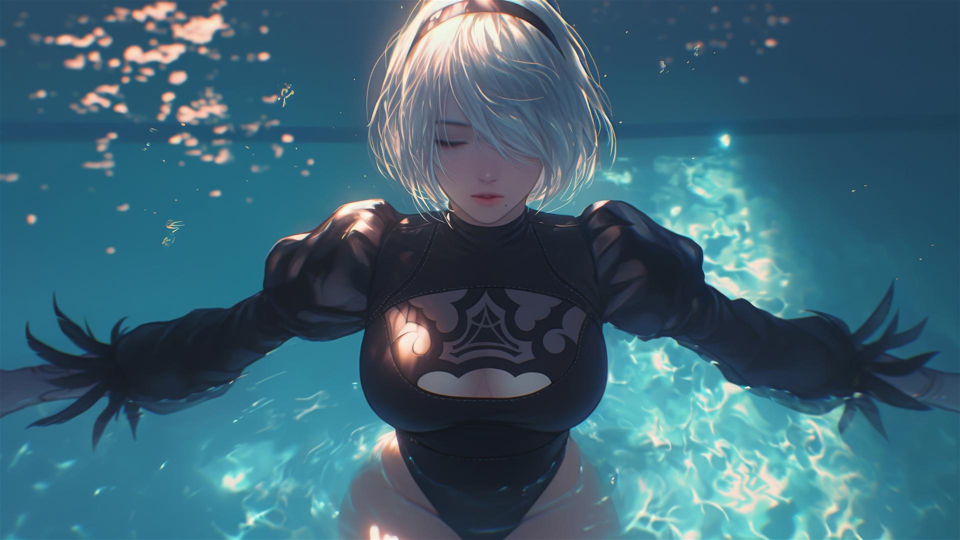 2B from Nier resting by a rainy swimming pool with moonlight glow
