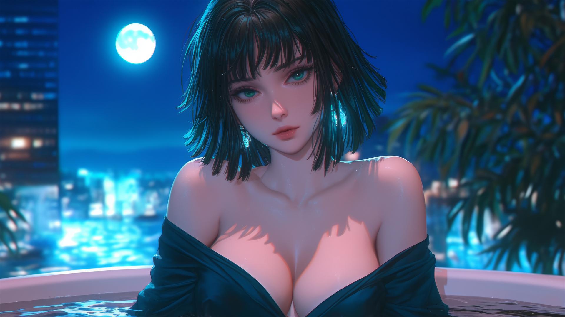 Fubuki from One Punch Man resting in a tub with moonlight casting a soft glow.