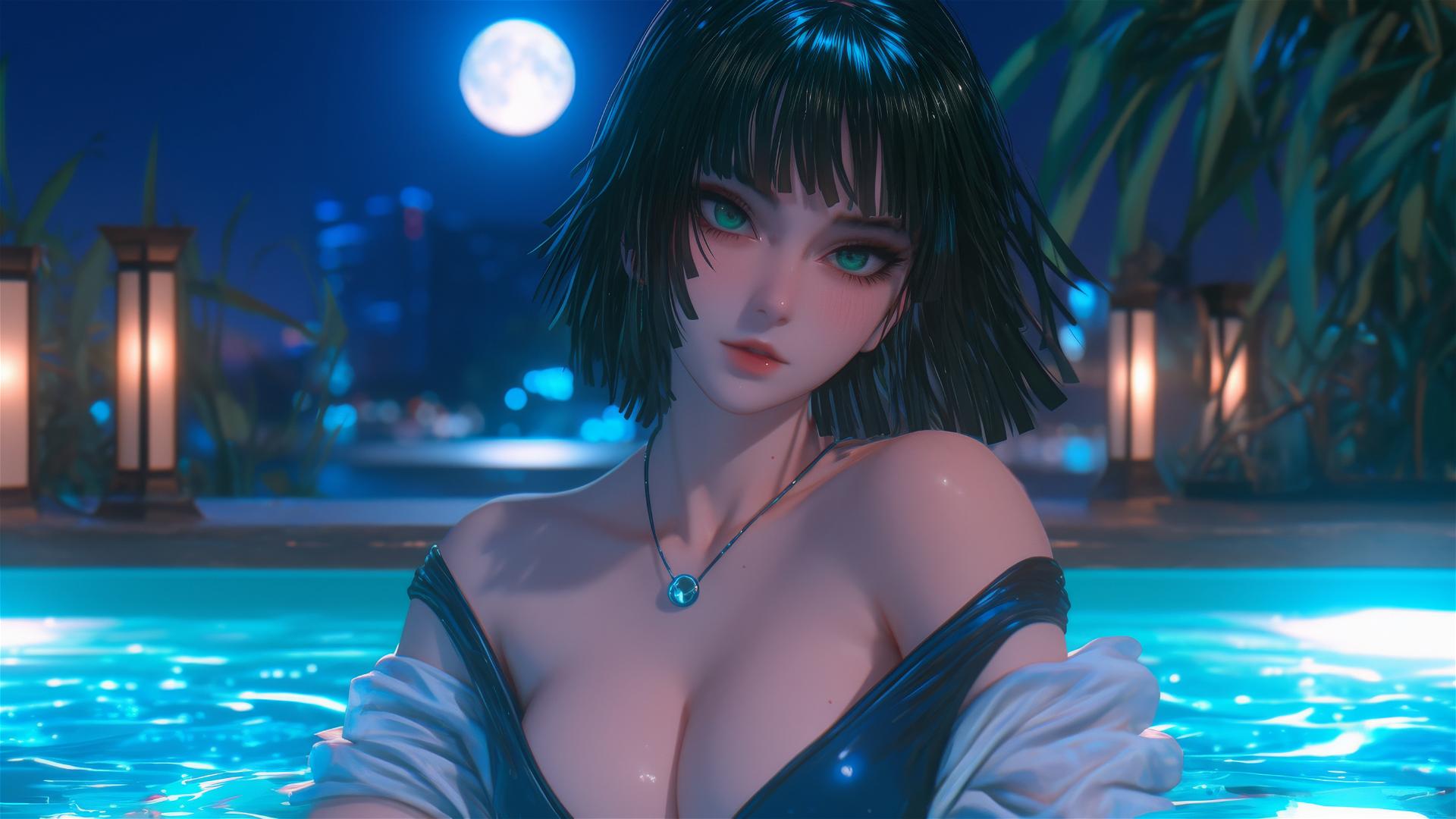 Fubuki resting in a tub under moonlight, with dark green bobbed hair and light green eyes