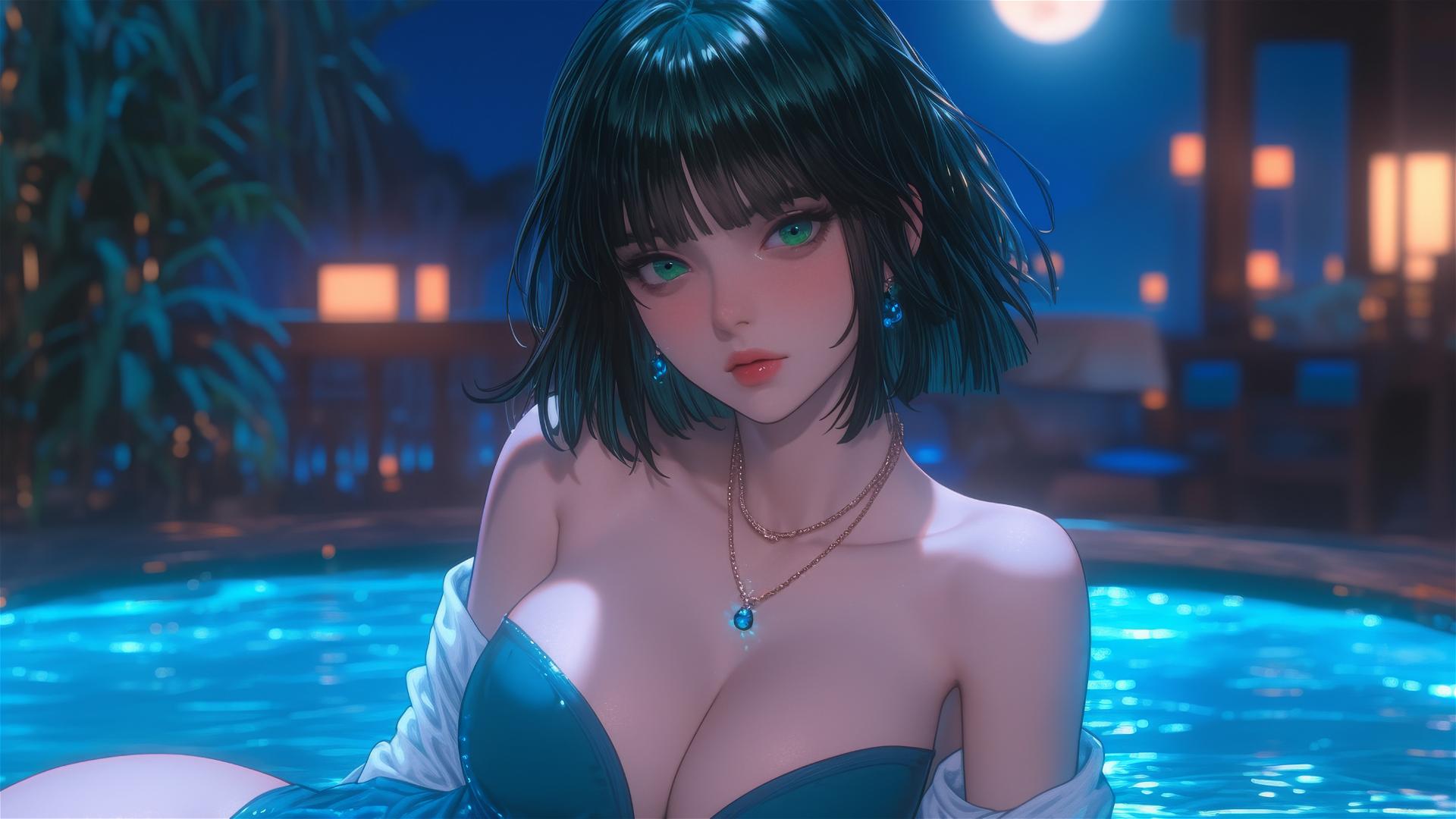 Fubuki from One Punch Man resting in a tub, moonlight highlighting her green bob hair