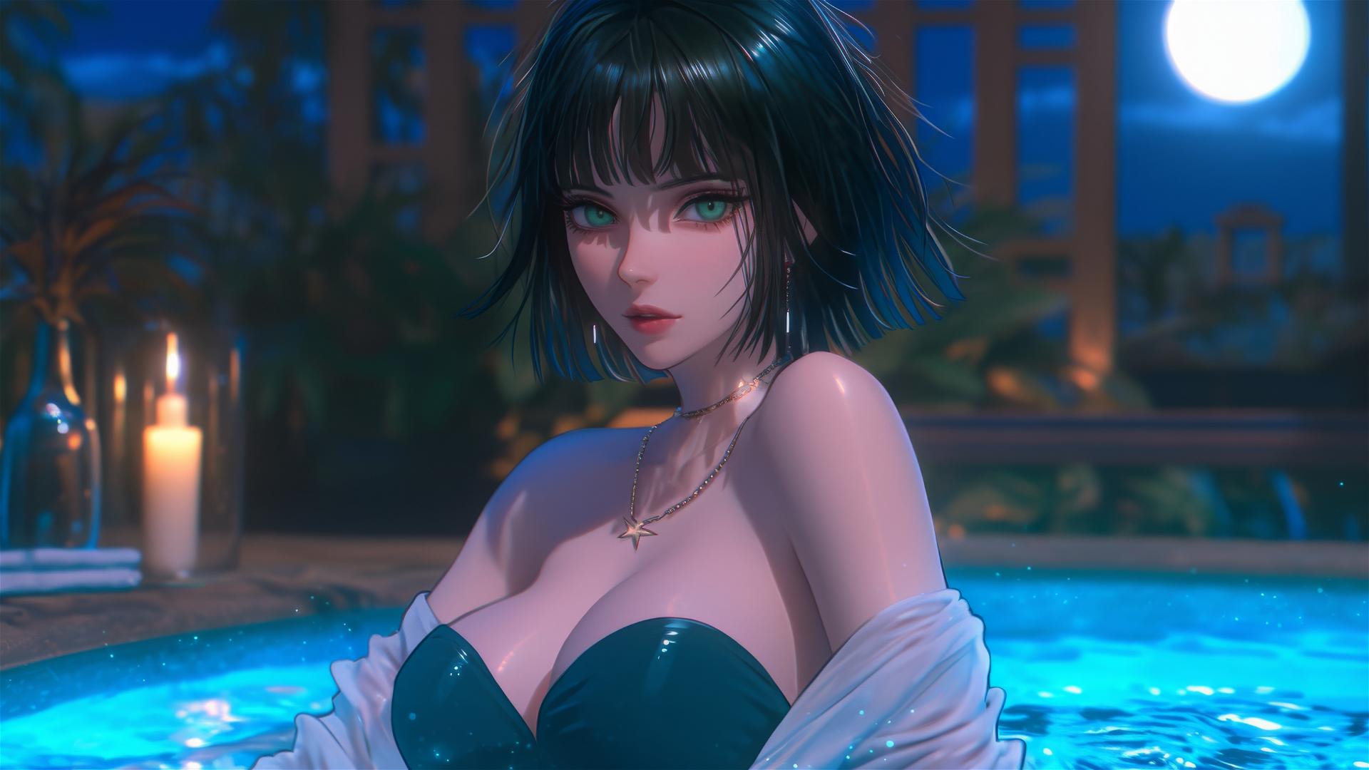 Fubuki resting in a tub with moonlight on her figure, dark green bob hair, light green eyes