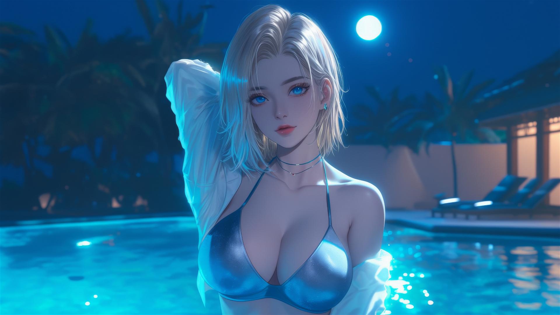 Android 18 resting by a rainy pool with moonlight glow