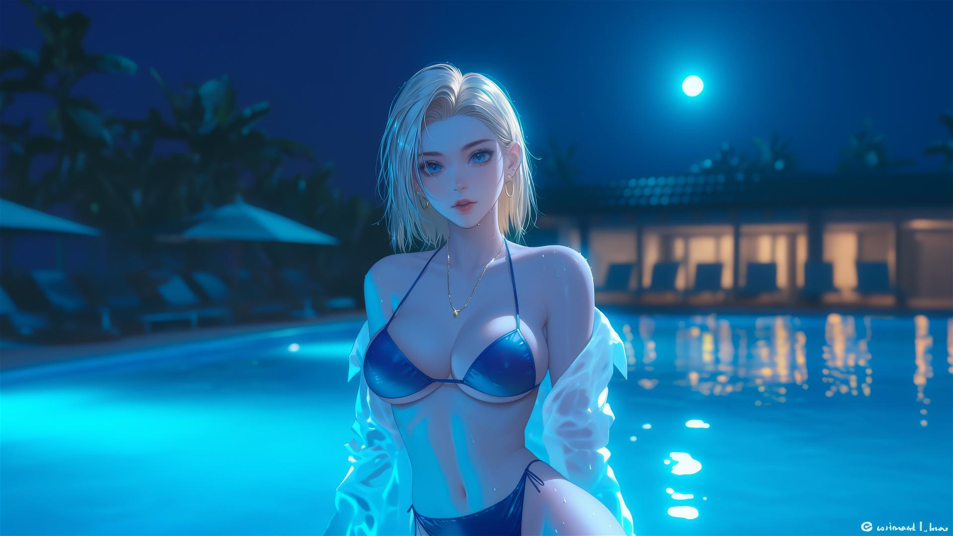 Android 18 resting by a rainy pool with moonlight