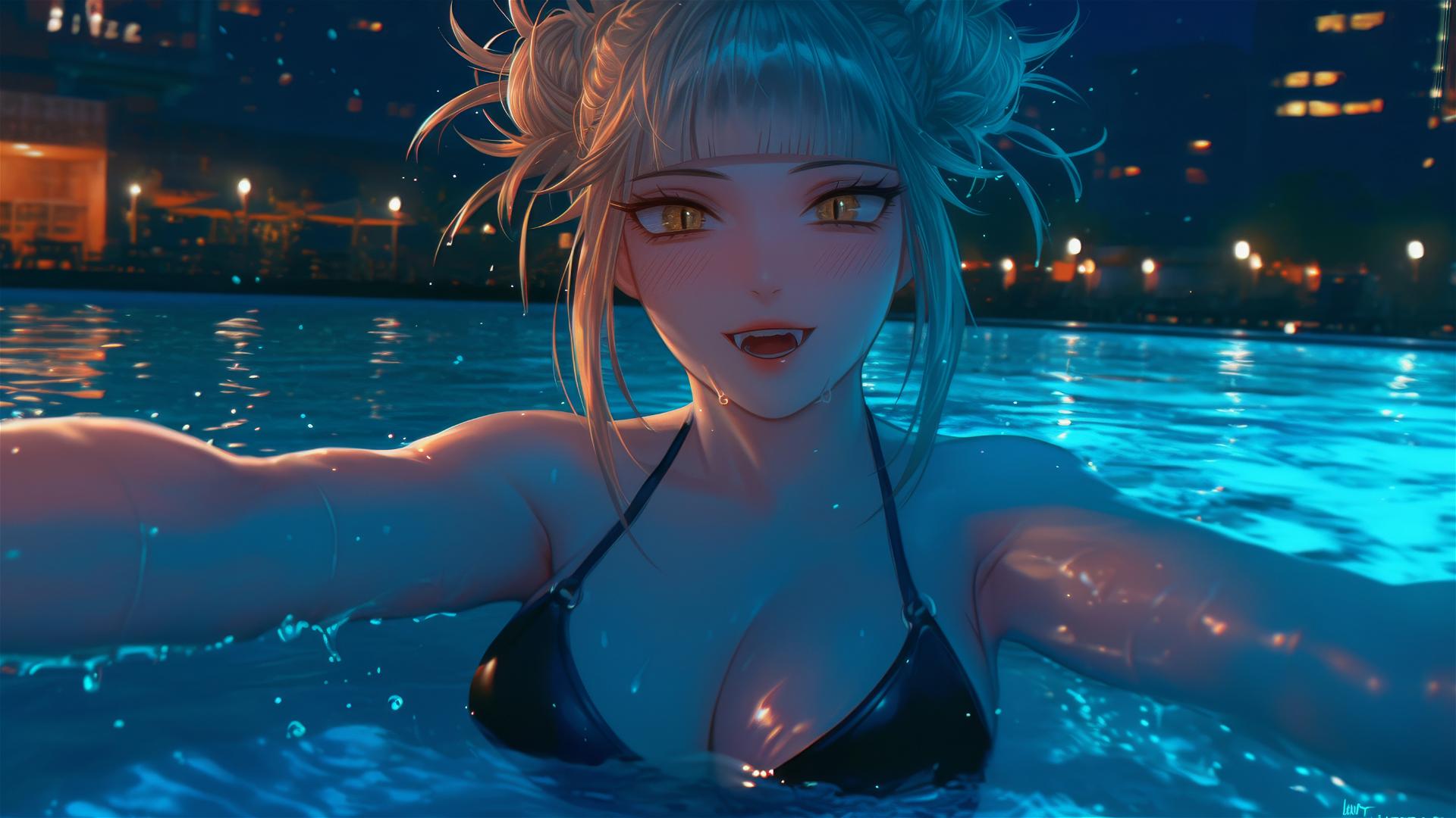 Himiko Toga from My Hero Academia jumping out of a swimming pool under moonlight.
