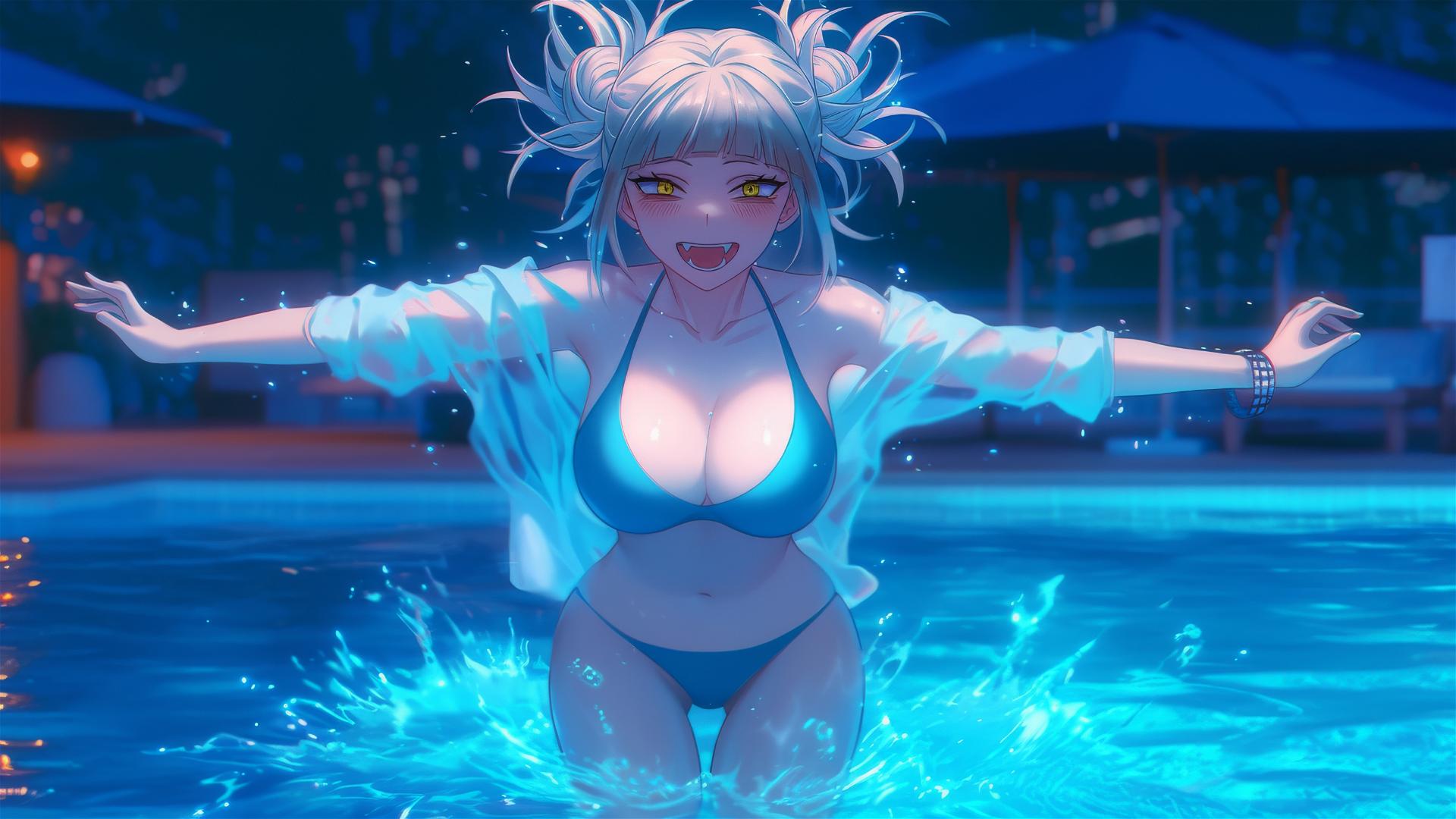 Himiko Toga jumping out of a swimming pool under moonlight with feline features and messy blonde buns.