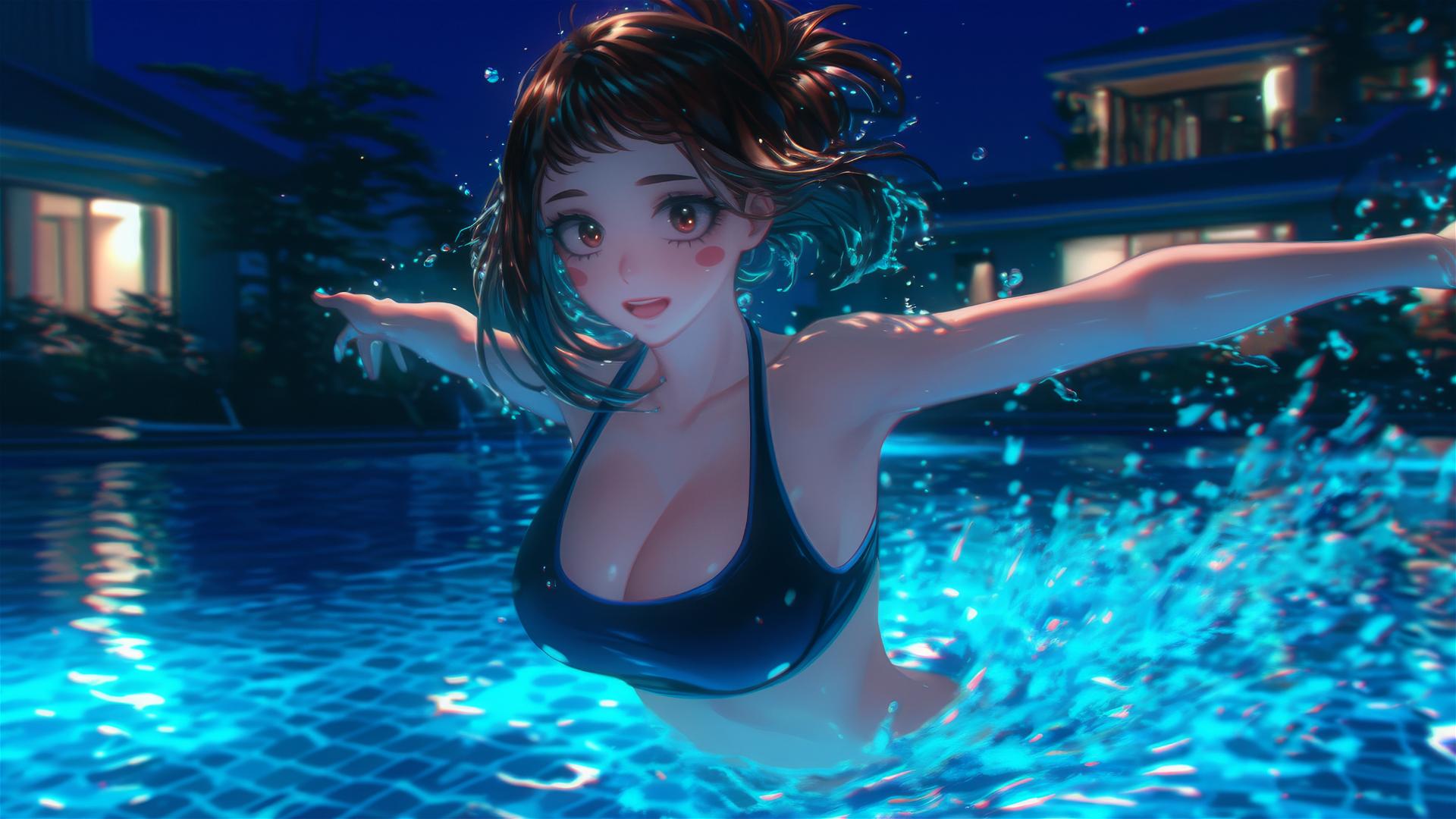 Ochaco Uraraka jumping out of a moonlit swimming pool, auburn hair and eyes.