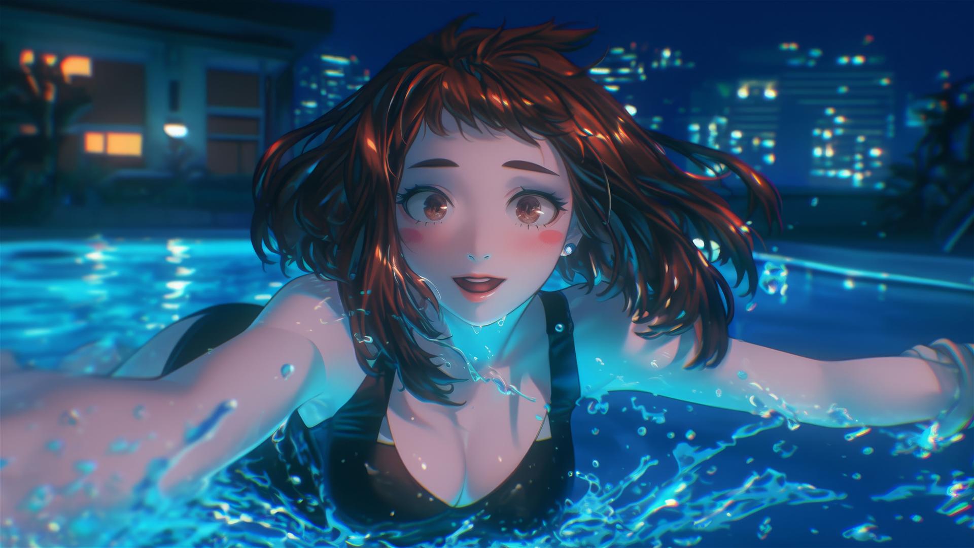 Ochaco Uraraka with auburn hair, under moonlight, exiting a pool