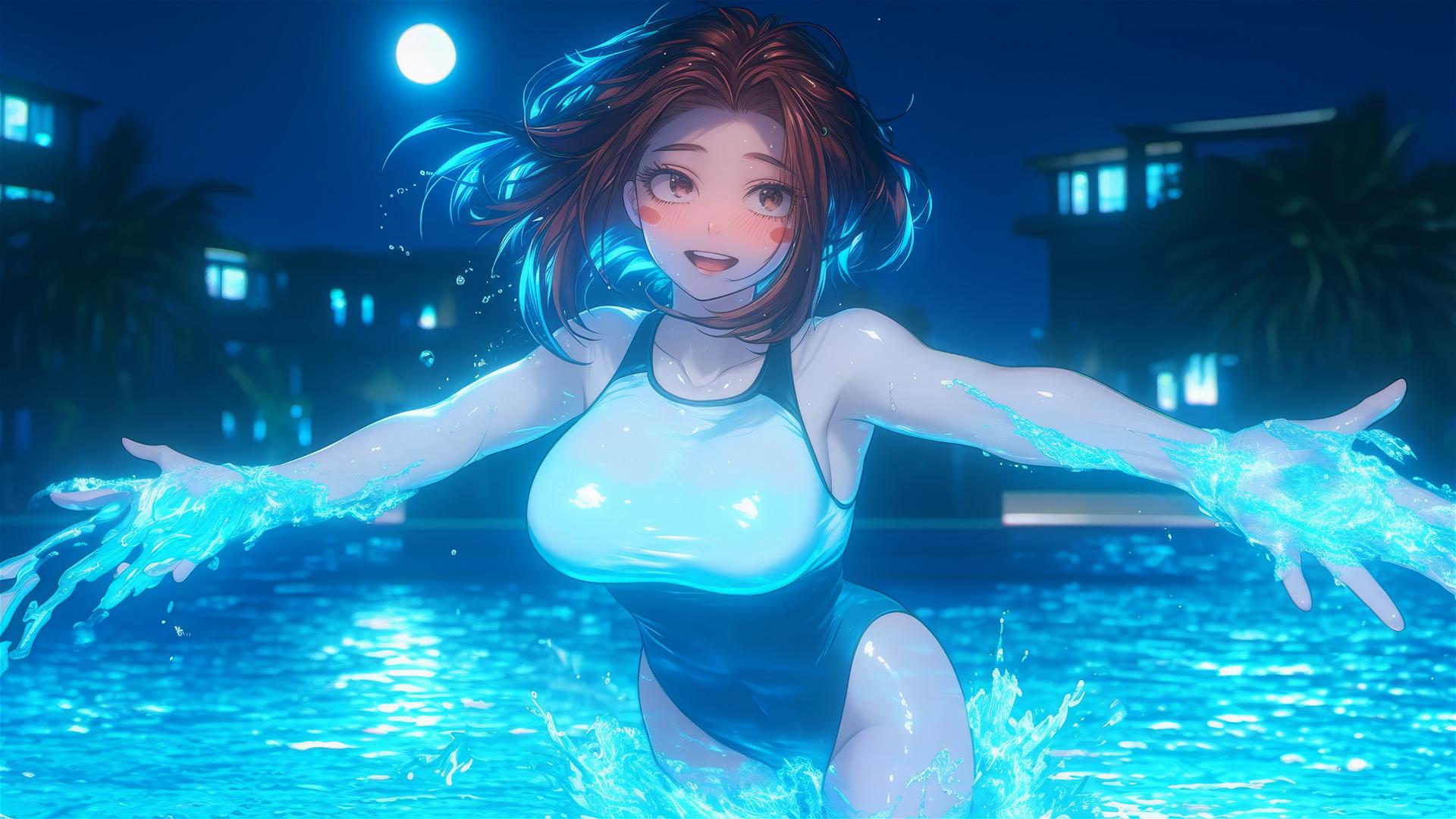 Ochaco Uraraka jumping from a pool under moonlight, with auburn hair and eyes.