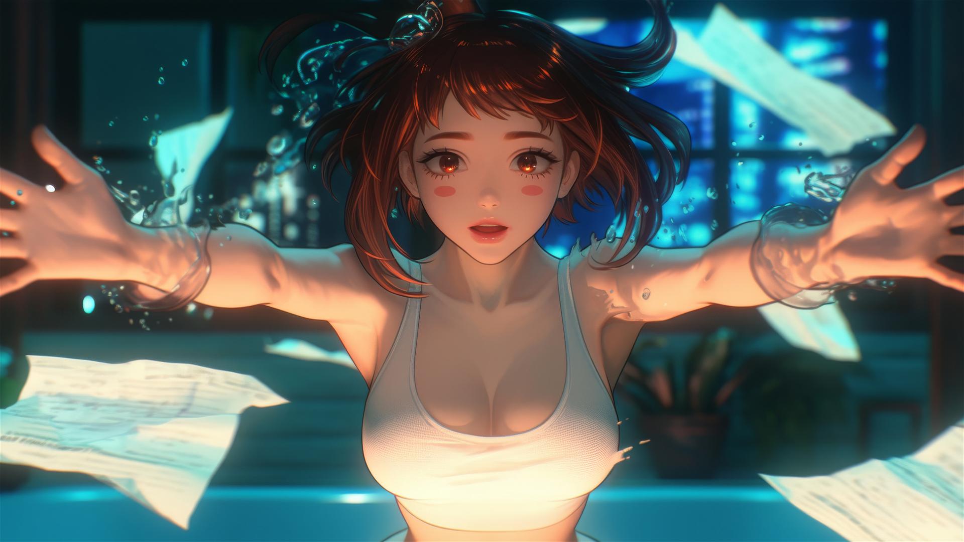 Ochaco Uraraka in soft light with auburn hair and pink blush