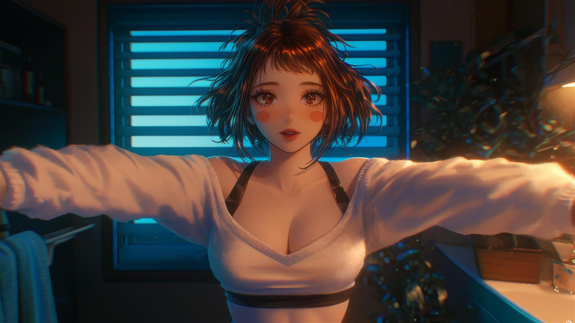 Ochaco Uraraka with auburn hair, jumping out of a tub with a warm glow