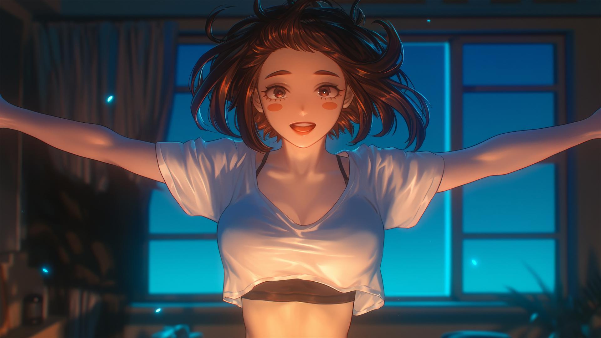 Ochaco Uraraka jumping from a tub with a soft glow on her figure