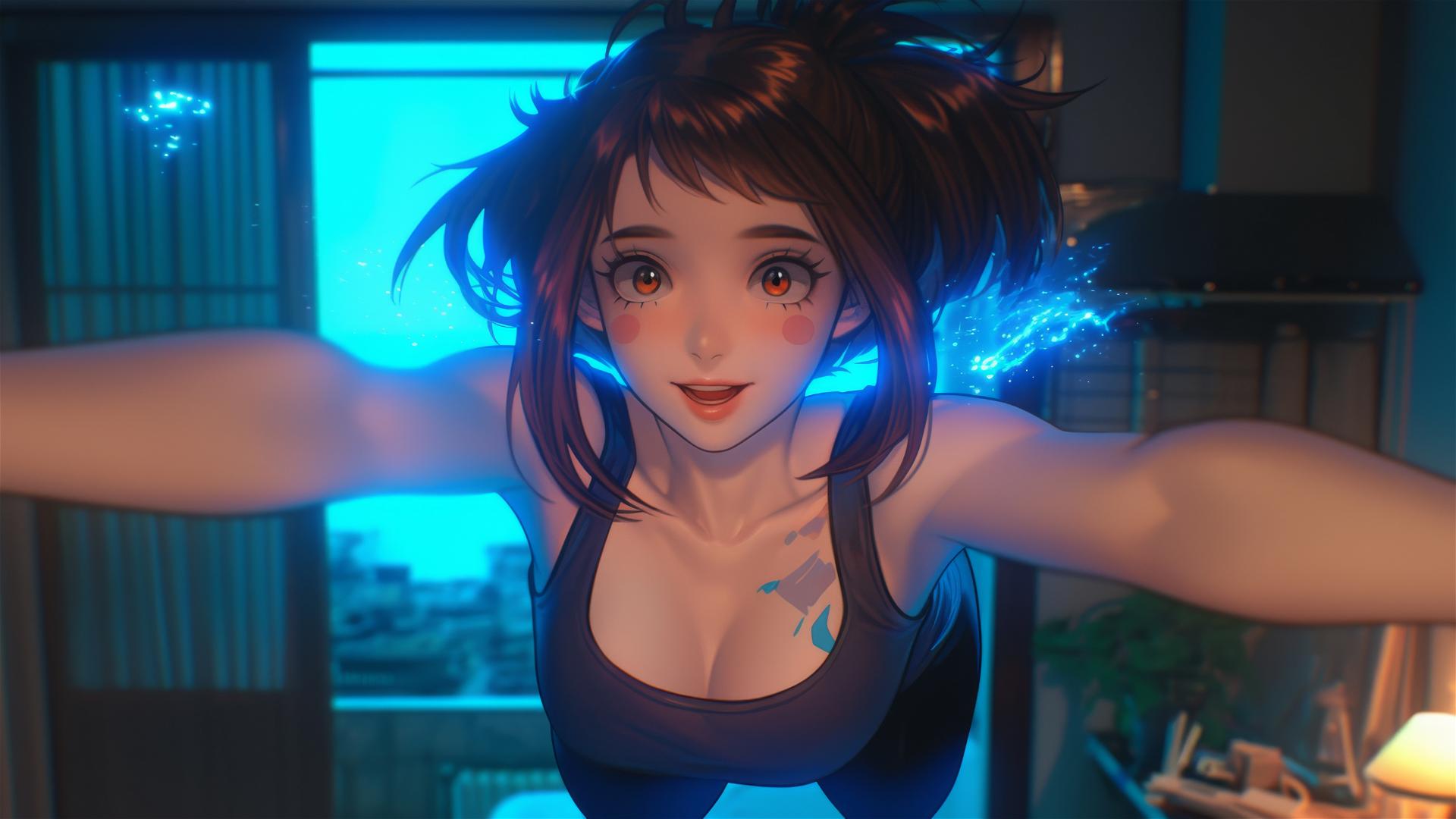 Ochaco Uraraka with auburn hair jumping out of a tub in warm light