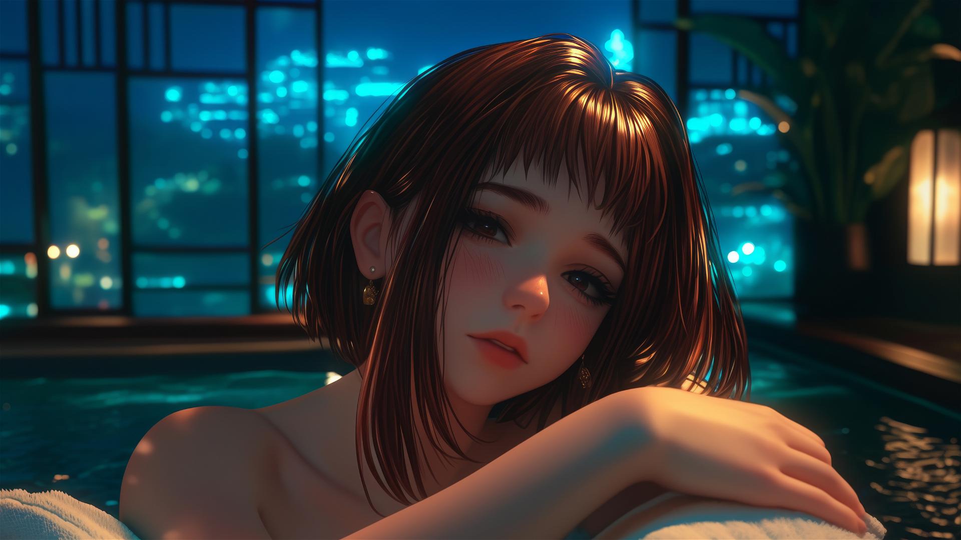Ochaco Uraraka from My Hero Academia resting in a tub with warm lighting.