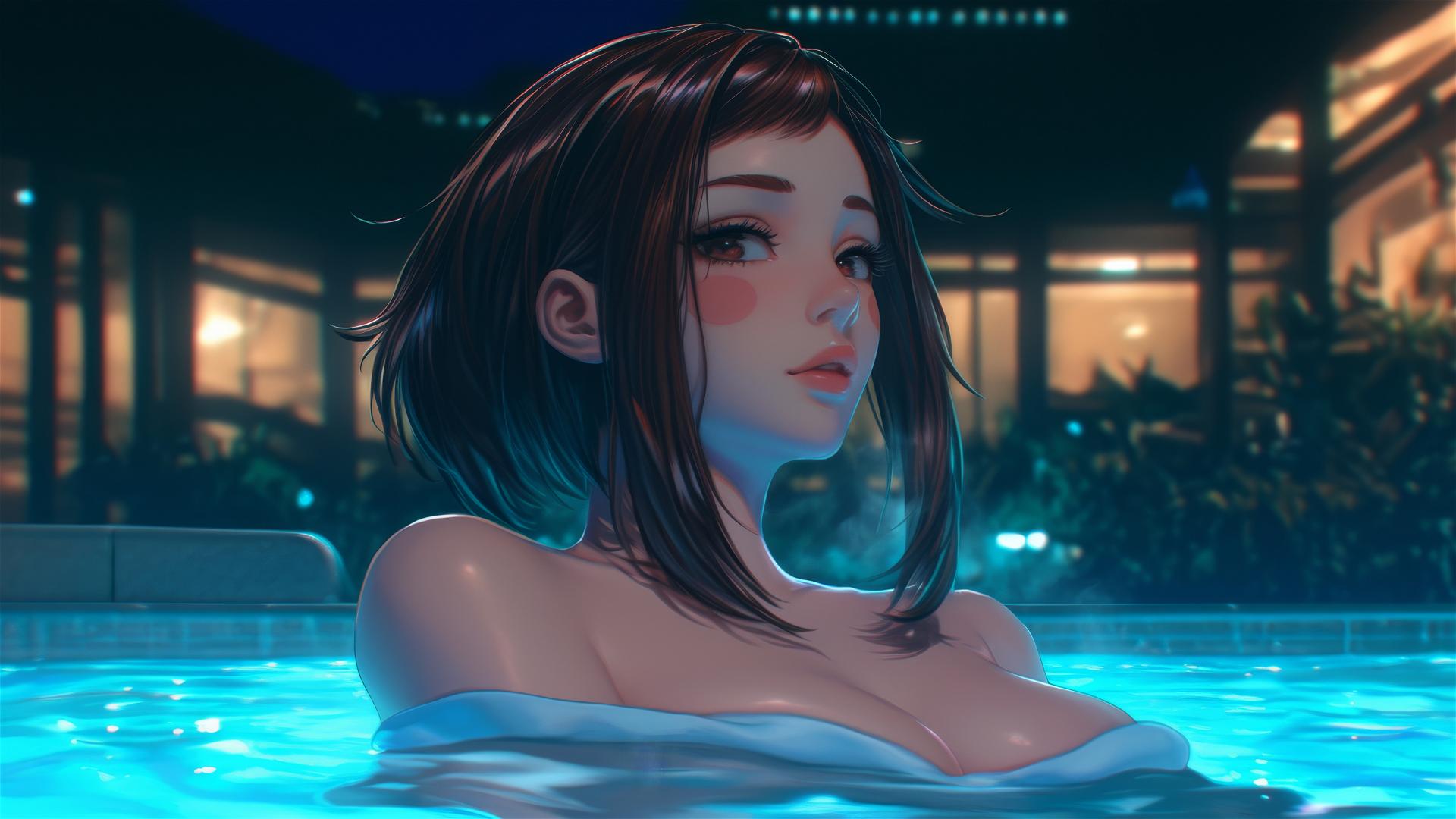 Ochaco Uraraka resting in a bath, warm glow on her auburn hair