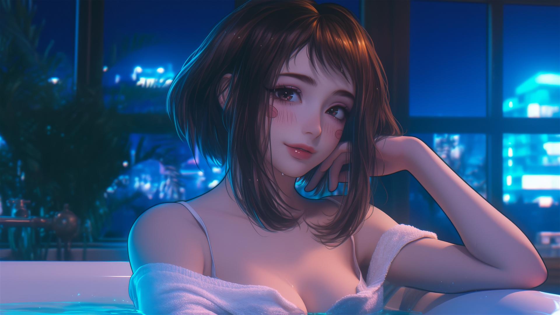 Ochaco Uraraka from My Hero Academia resting in a glowing tub.