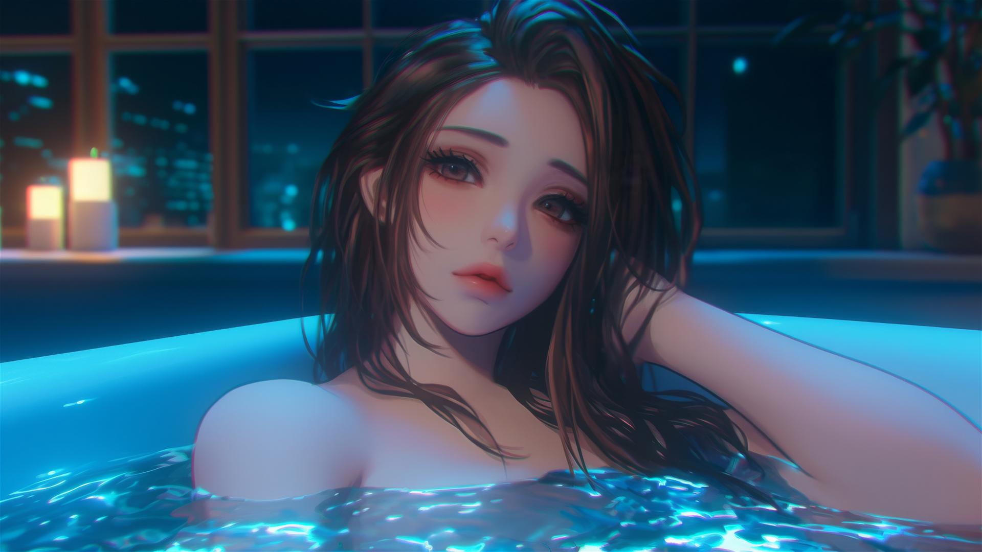 Ochaco Uraraka from My Hero Academia resting in a tub with soft warm lighting.