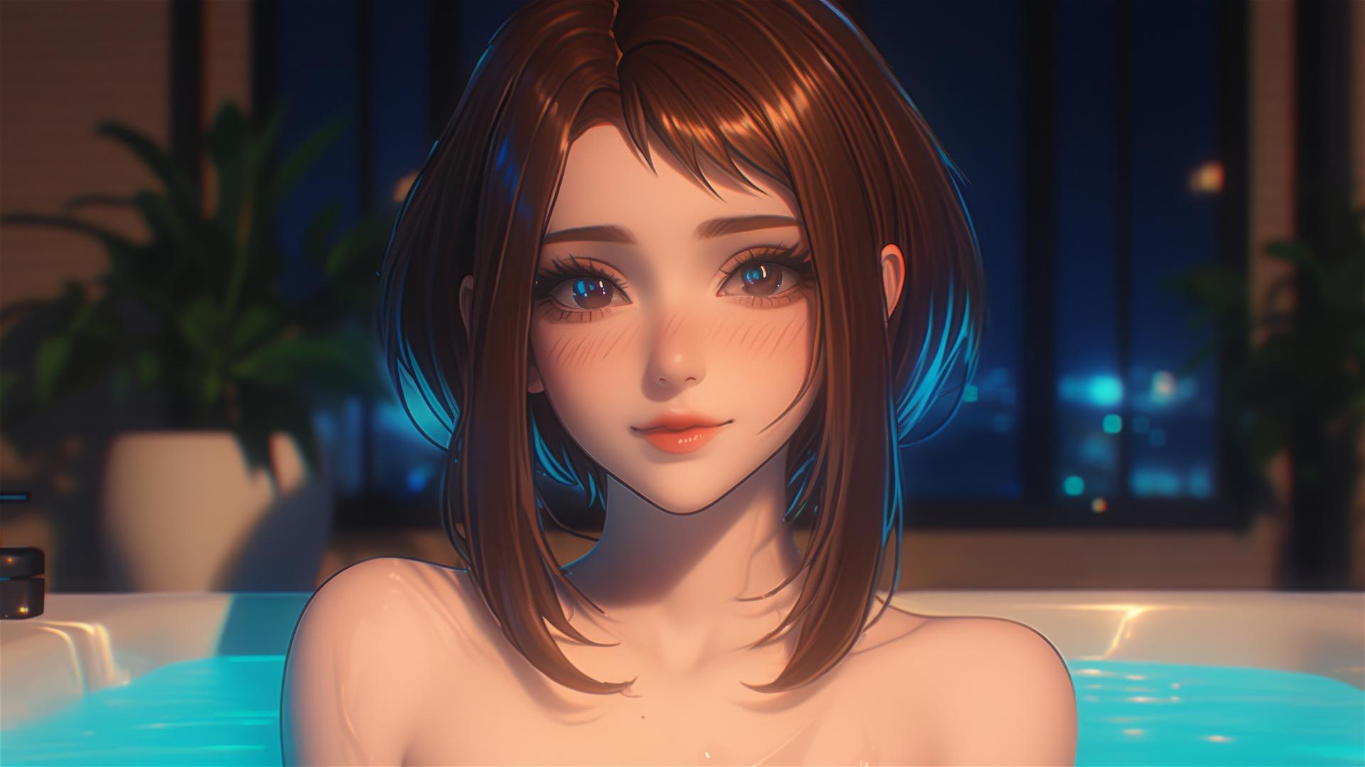 Ochaco Uraraka with auburn hair resting in a tub with warm light