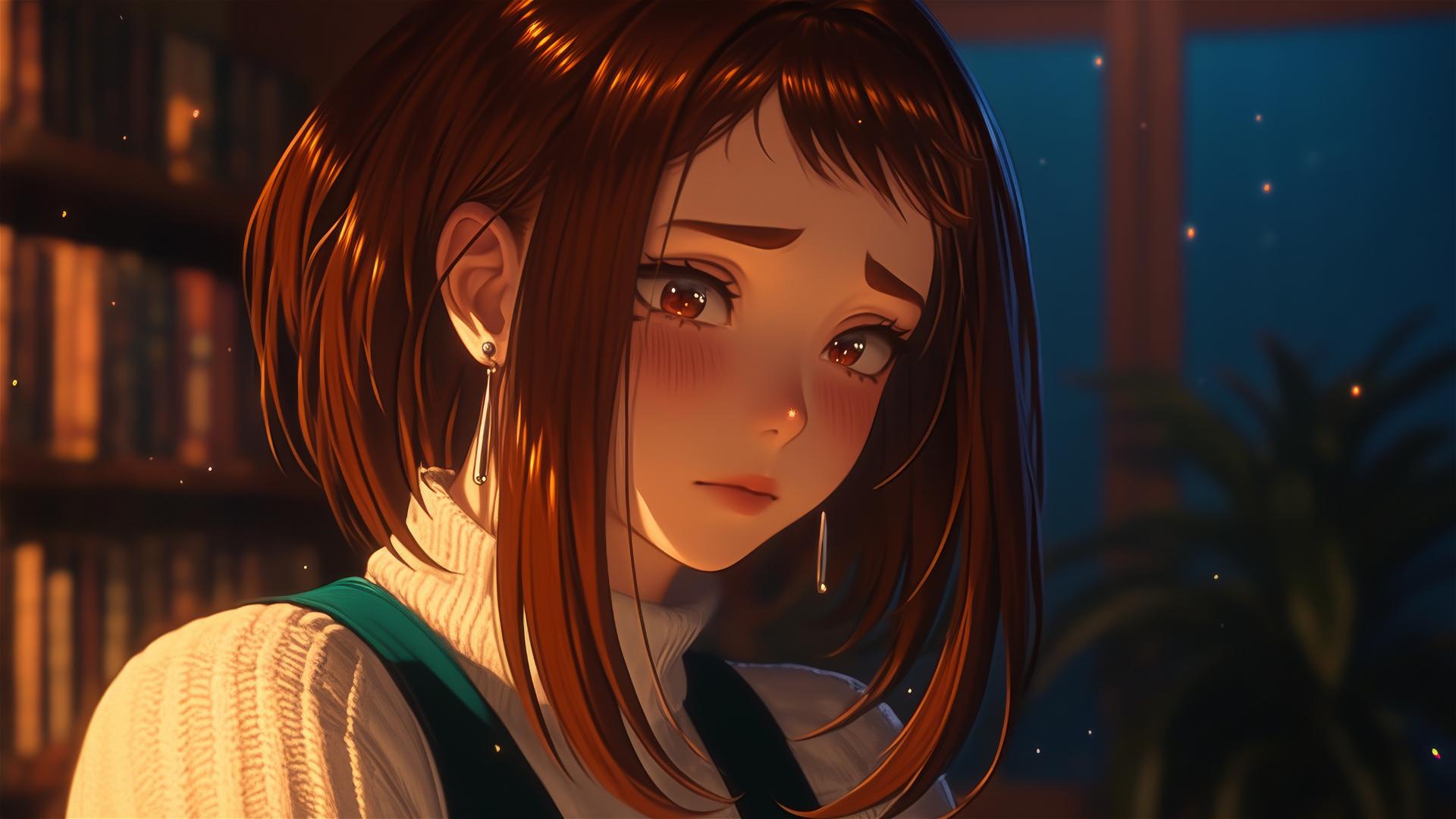 Ochaco Uraraka, from My Hero Academia, in an apartment at sunrise.