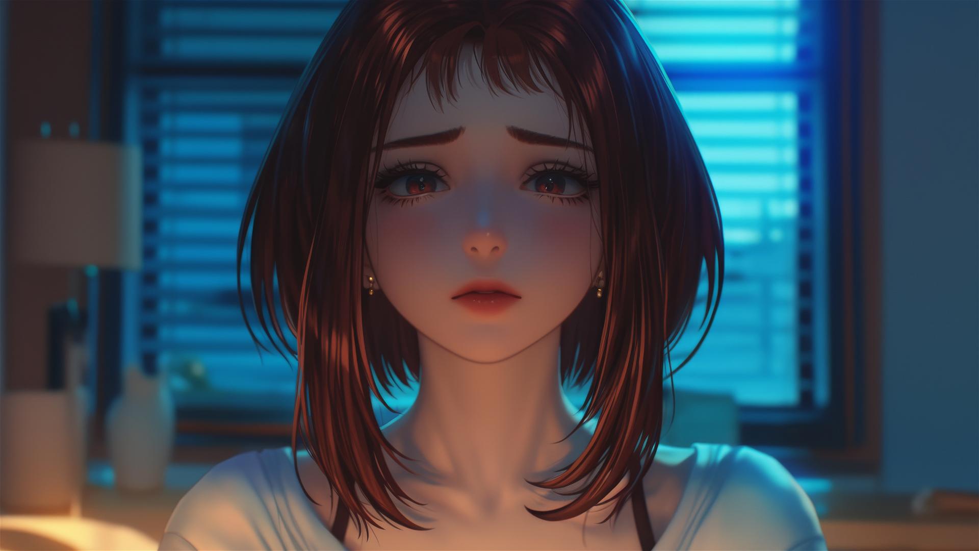 Ochaco Uraraka from My Hero Academia sits in an apartment at sunrise, beautifully lit by warm light.