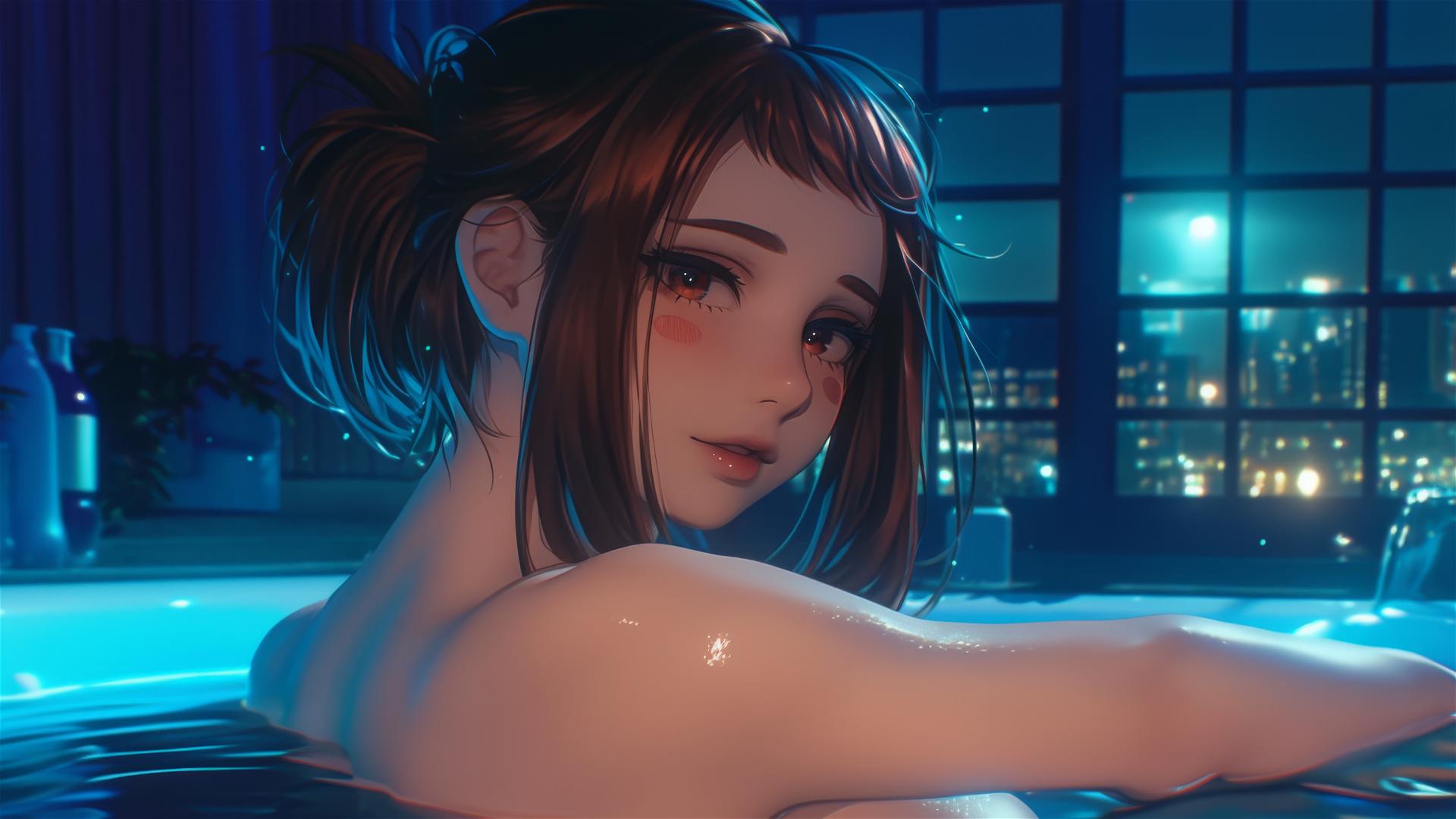 Ochaco Uraraka in a tub, warm glow, auburn hair