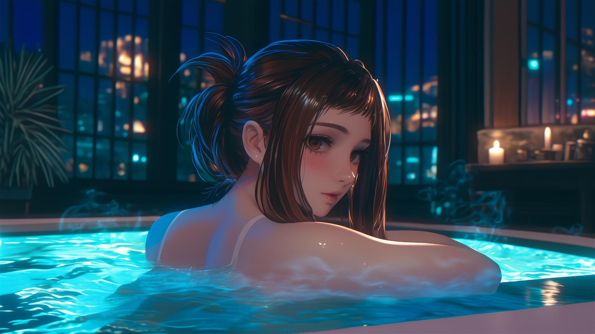 Ochaco Uraraka resting in a tub, soft glow on her auburn hair and eyes, pink blush
