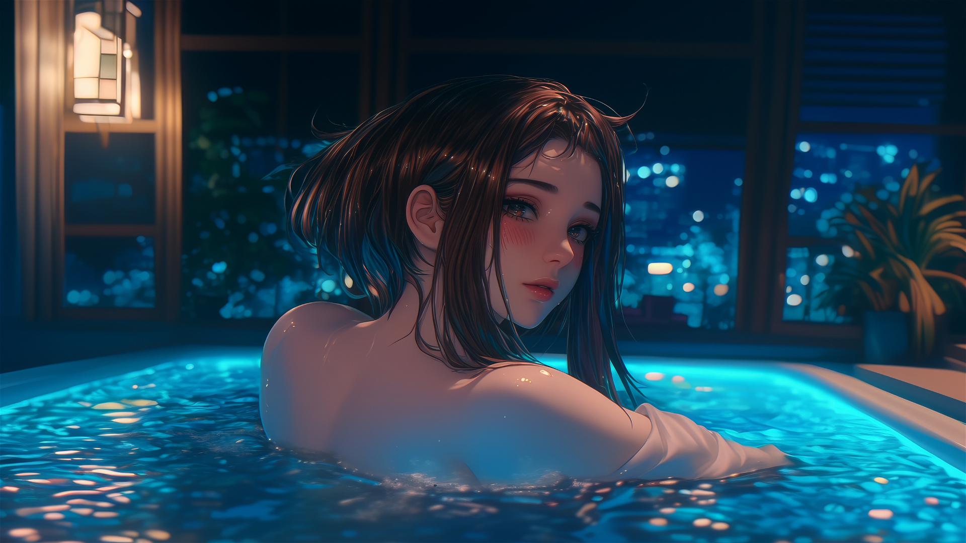 Ochaco Uraraka from My Hero Academia resting in a bathtub with warm light casting a soft glow.