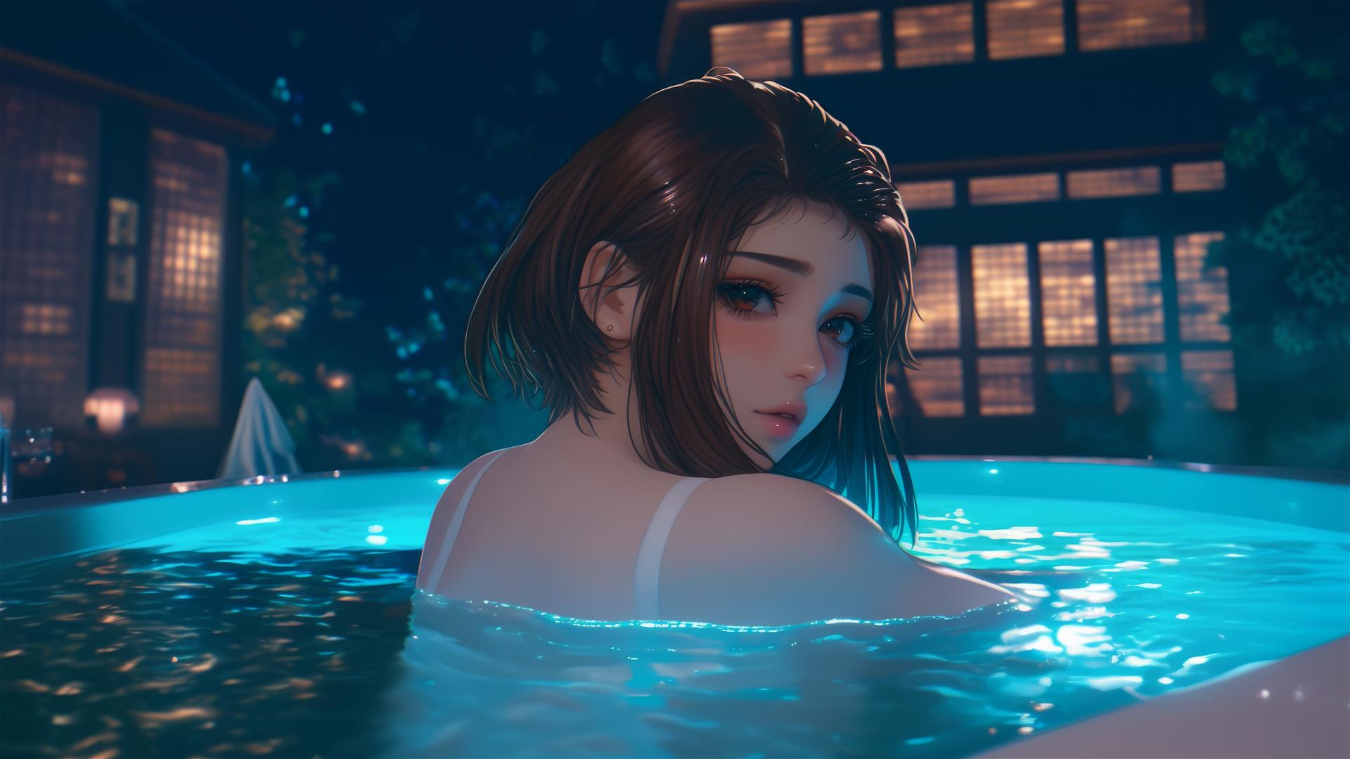 Ochaco Uraraka with auburn hair and eyes, resting in a tub with soft warm light.