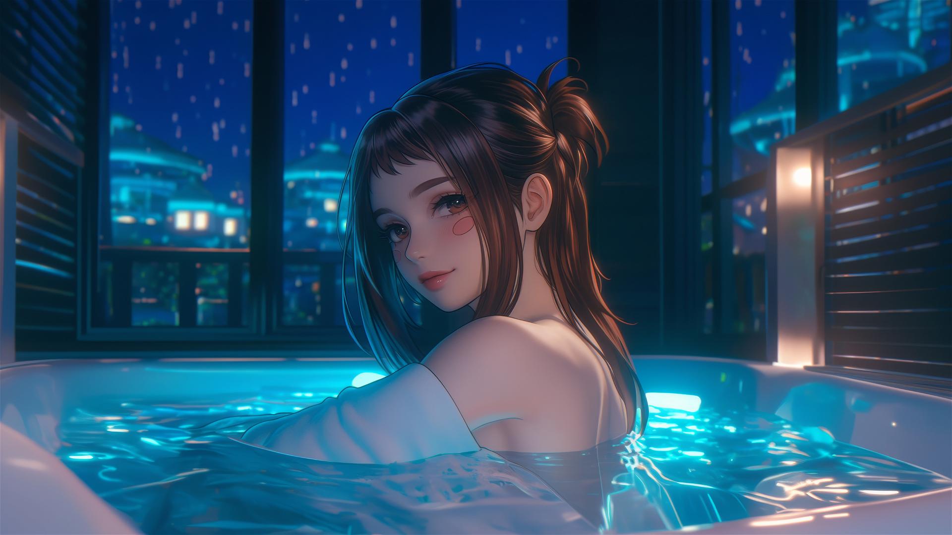 Ochaco Uraraka from My Hero Academia relaxing in a tub with warm lighting.