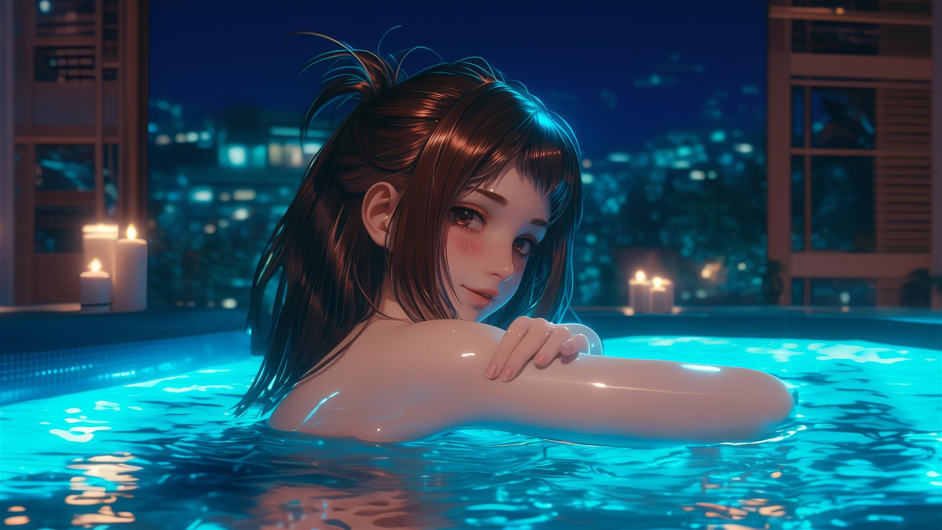 Ochaco Uraraka from My Hero Academia resting in a tub with warm light.