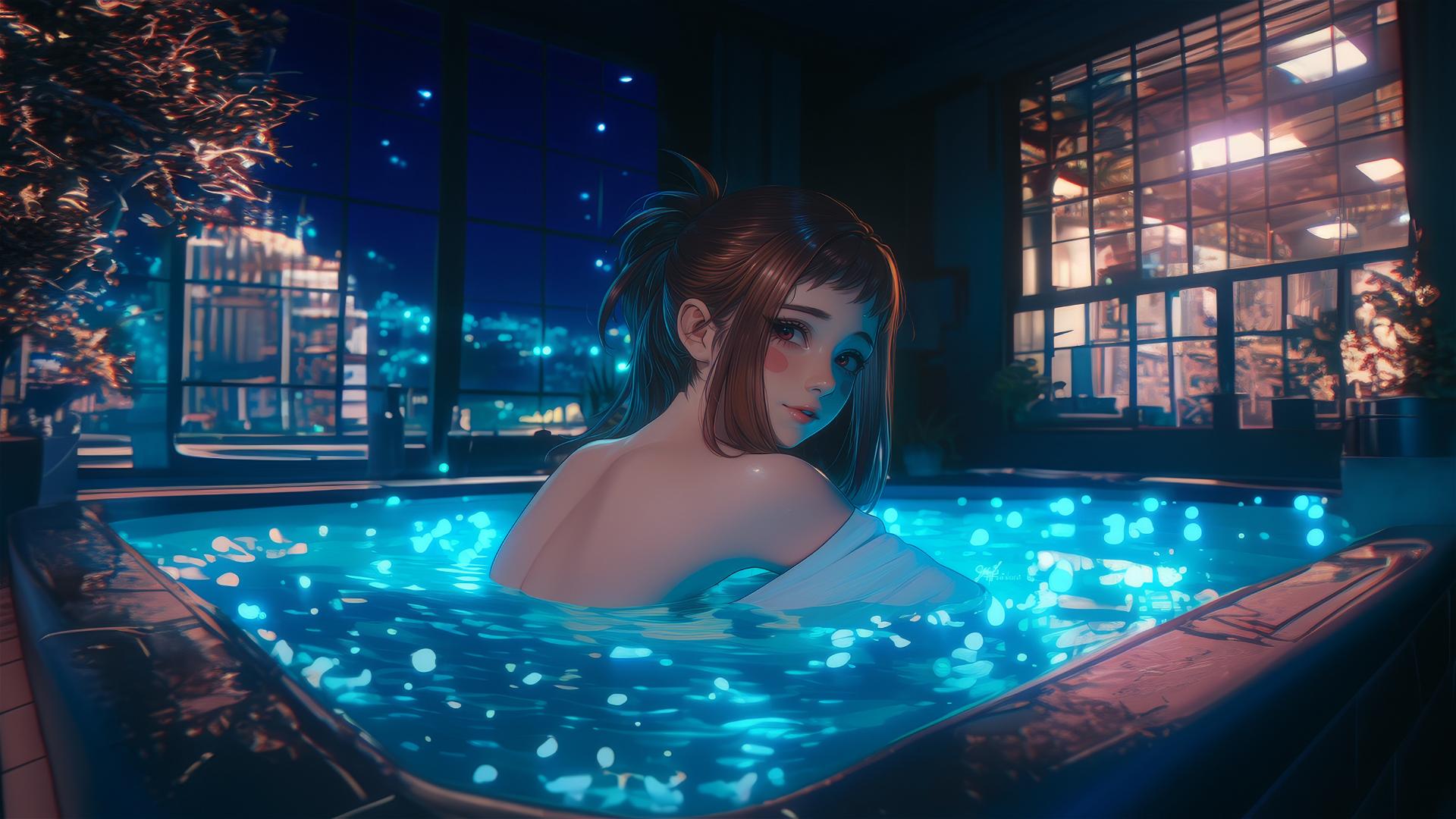 Ochaco Uraraka from My Hero Academia relaxing in a bathtub with warm light.