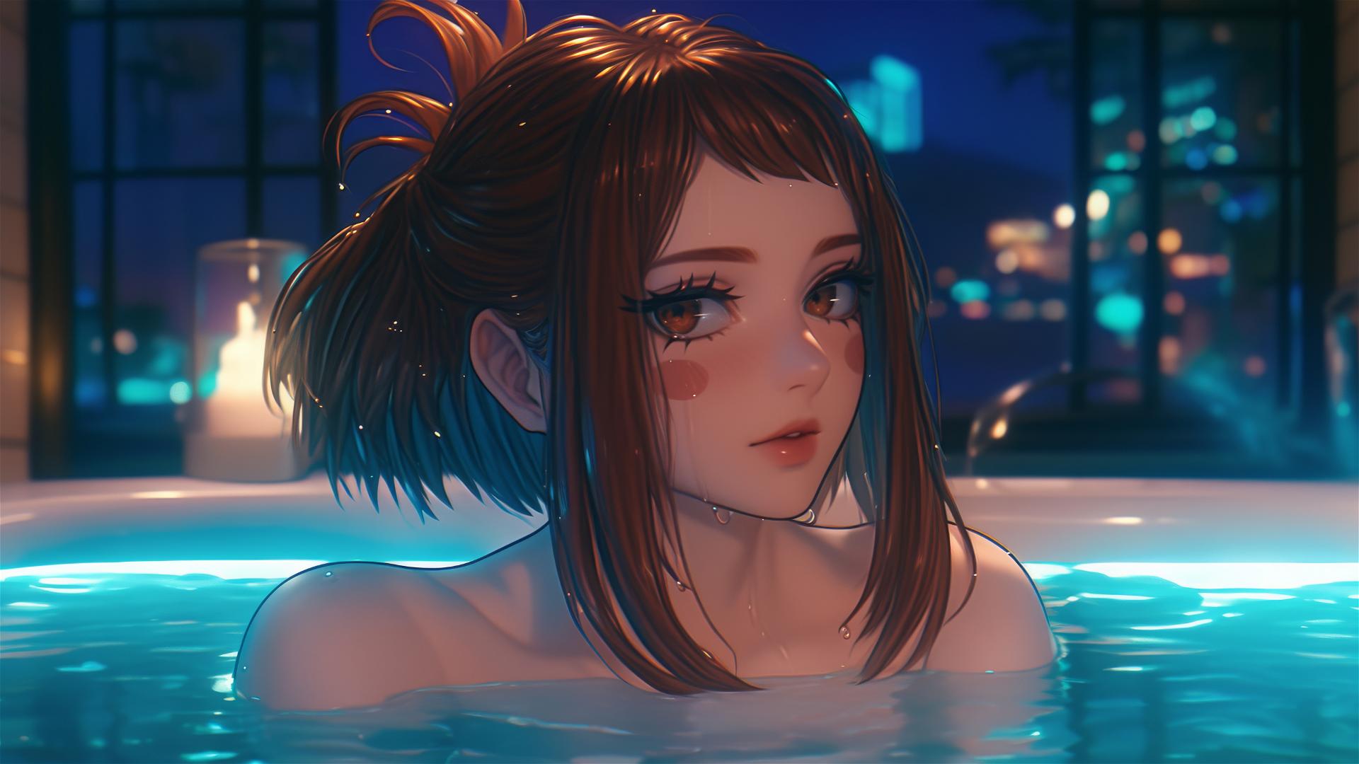 Ochaco Uraraka from My Hero Academia rests in a tub with warm light, auburn hair, and a pink blush.