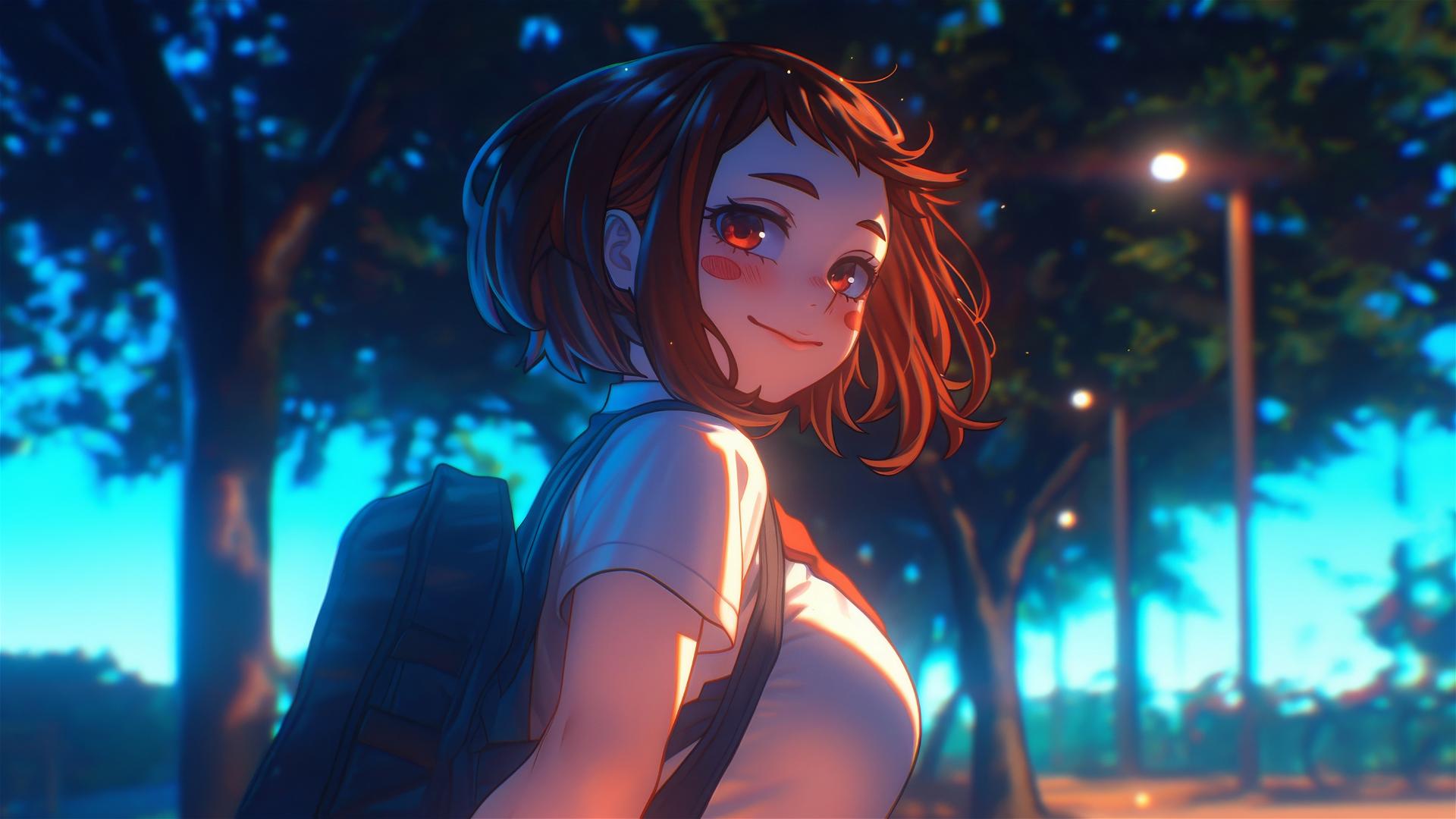 Ochaco Uraraka running in a modern park at sunrise with warm light.