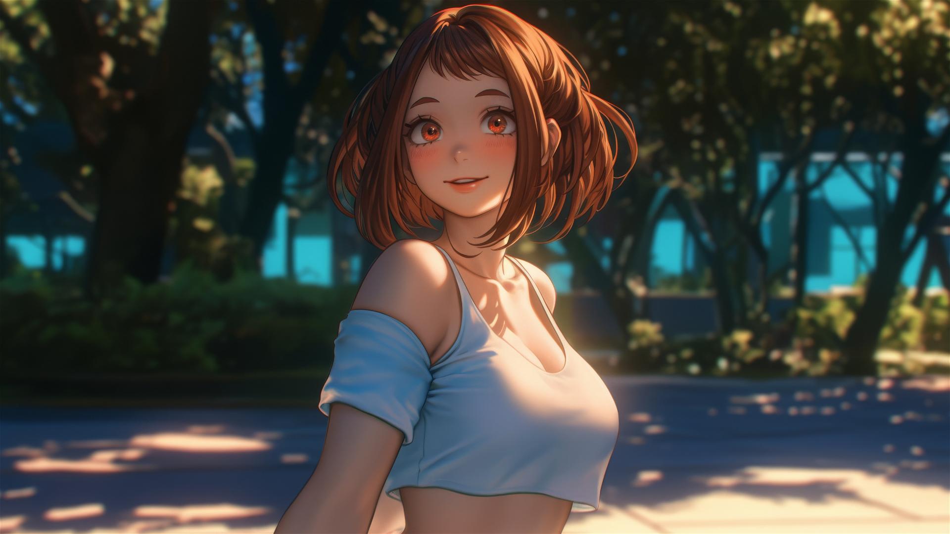 Ochaco Uraraka running in a modern park at sunrise with warm light