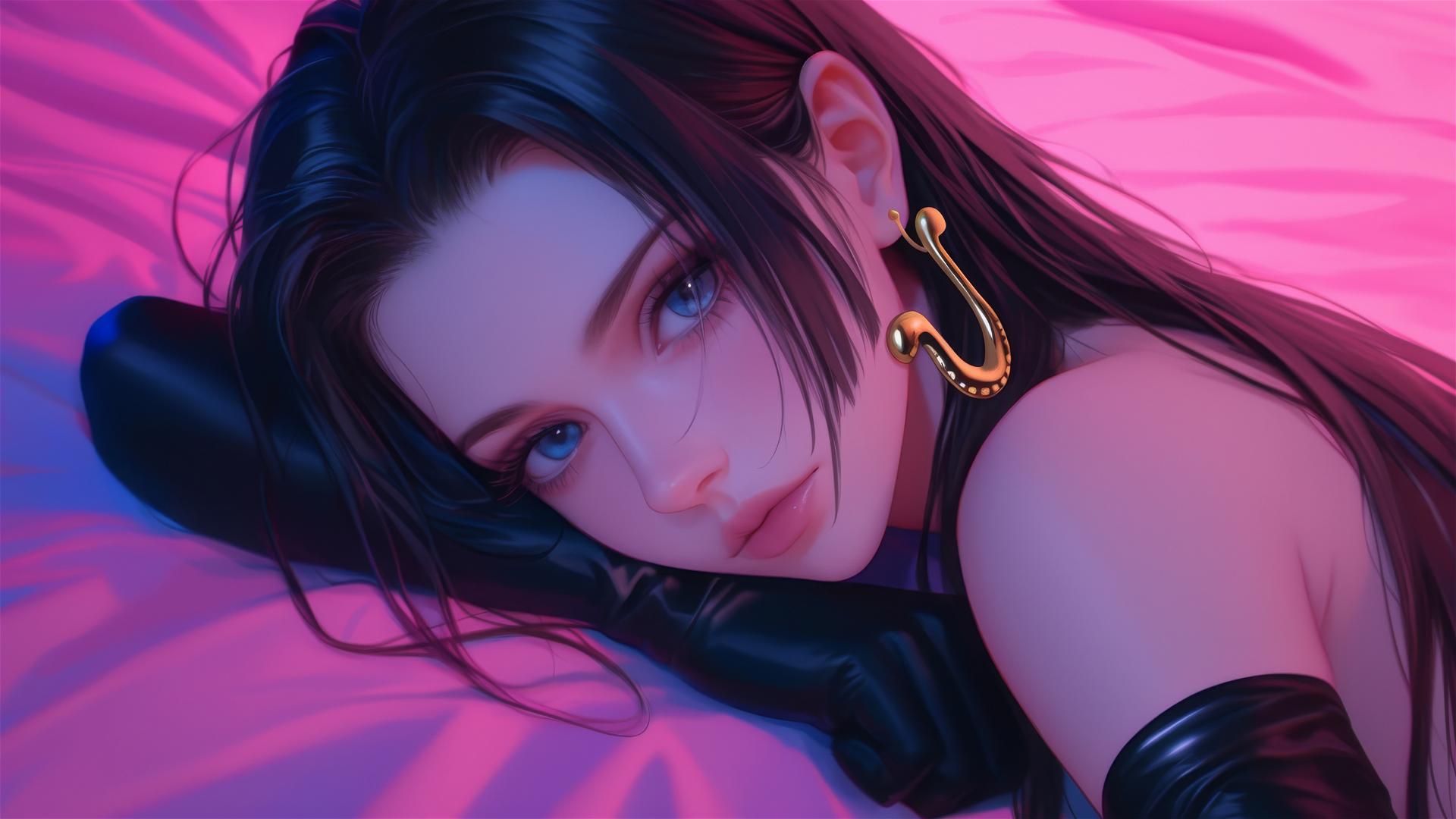 Anime-style image of Boa Hancock in black and pink leather outfit in bed with neon colors