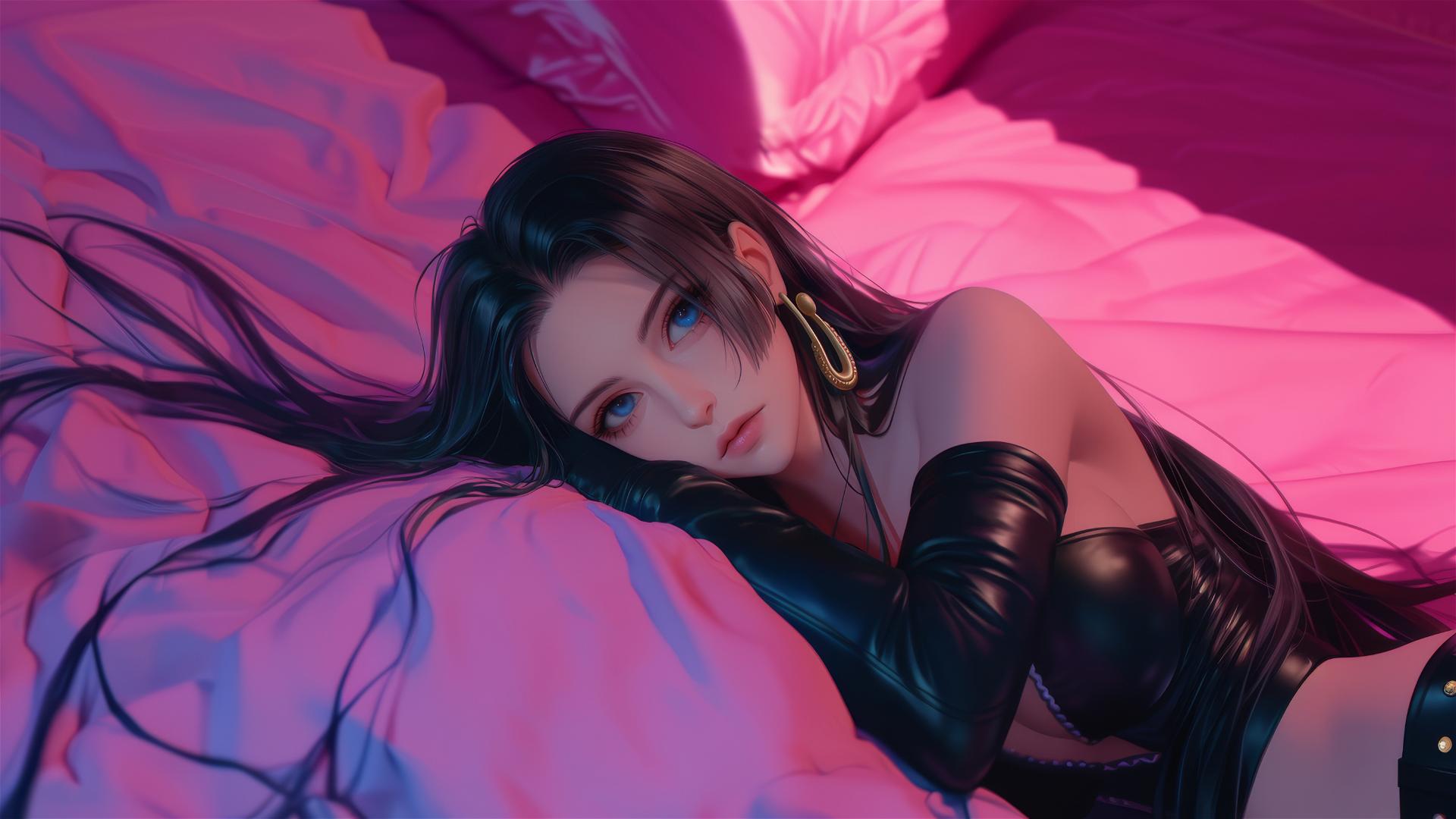 Boa Hancock in black & pink leather on pink bed, neon, anime style