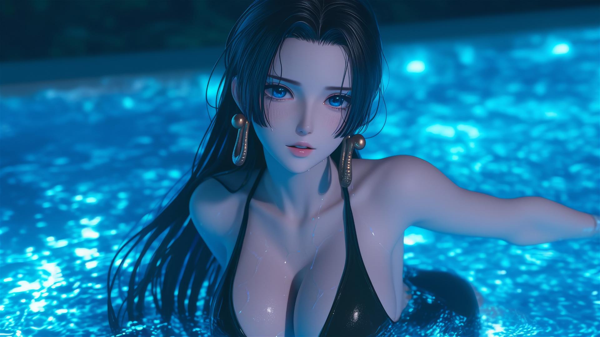 Boa Hancock from One Piece jumping out of a swimming pool under moonlight.