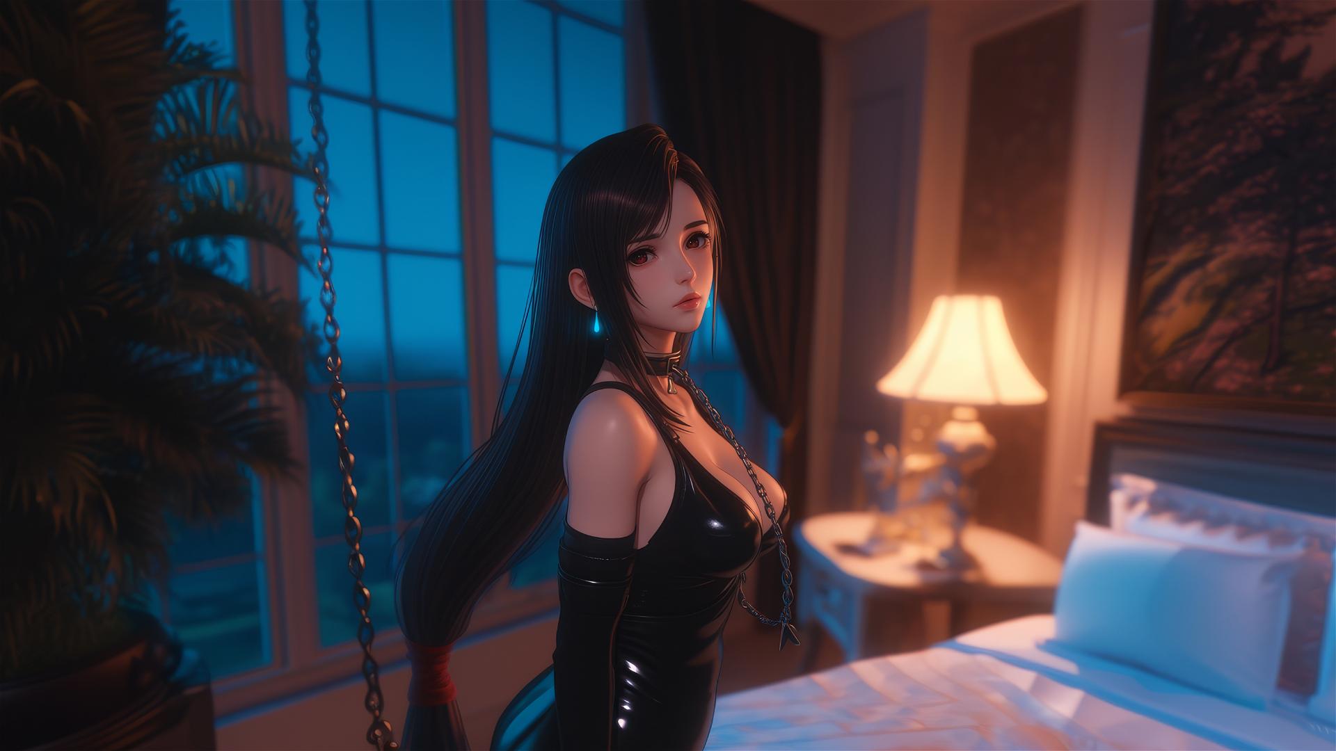 Tifa Lockhart in modern hotel room, neck locked with thick iron chains, warm light glow.