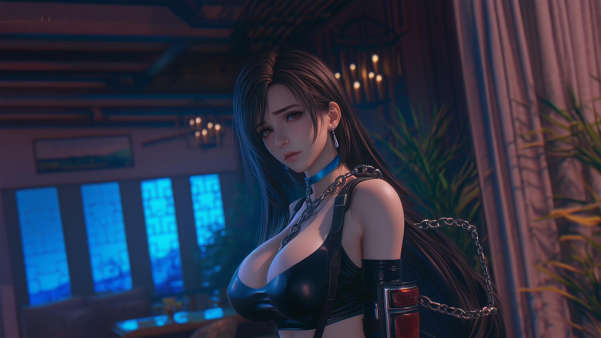 Tifa Lockhart chained in a modern hotel room with soft glow