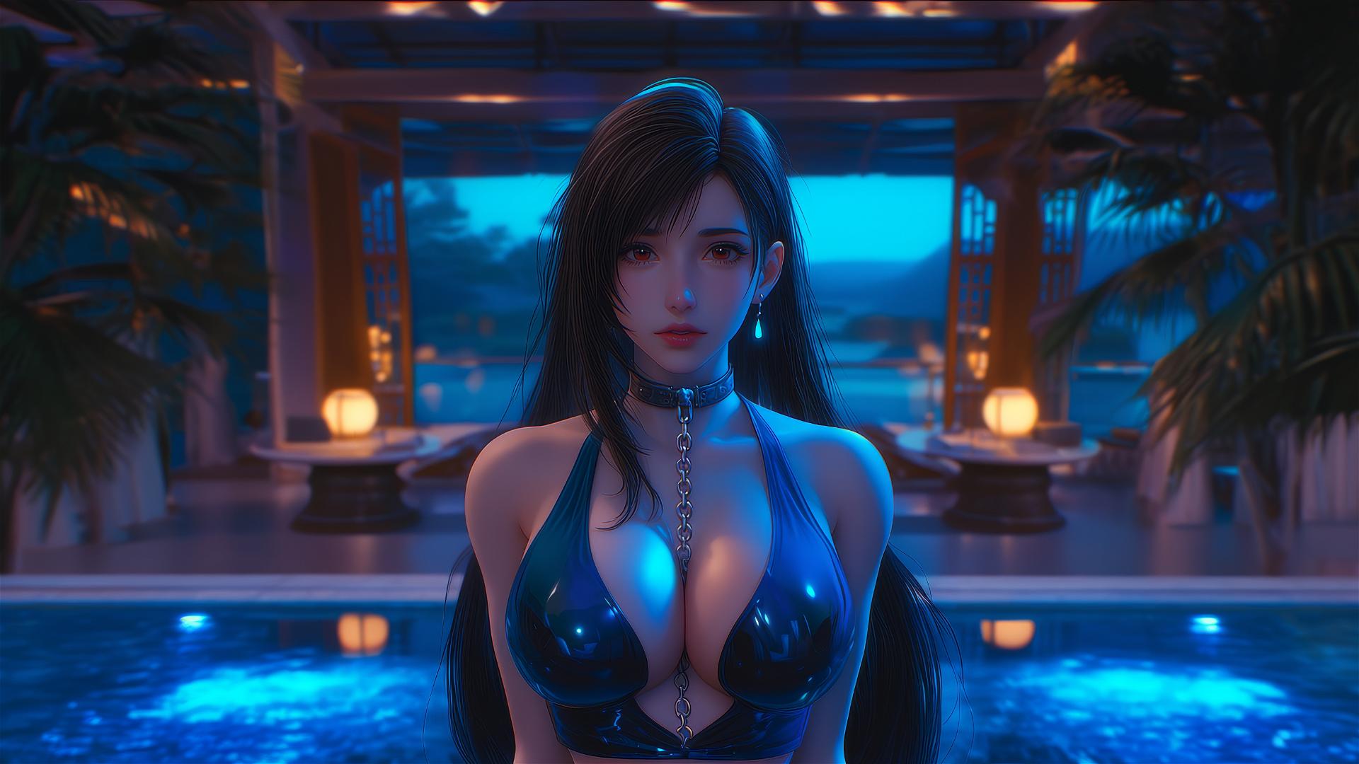 High angle of Tifa Lockhart with iron chains around her neck in a modern hotel room