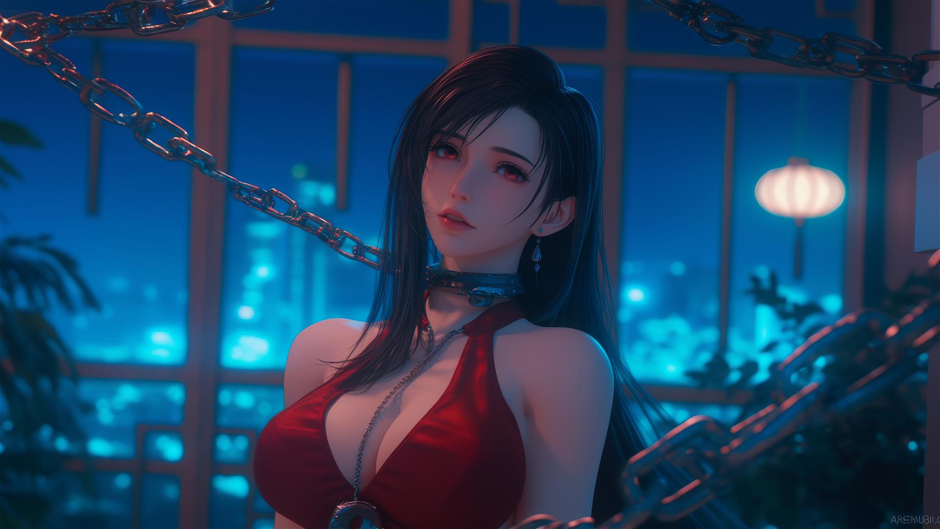 Tifa Lockhart in a modern hotel room, neck locked with thick iron chains, warm light