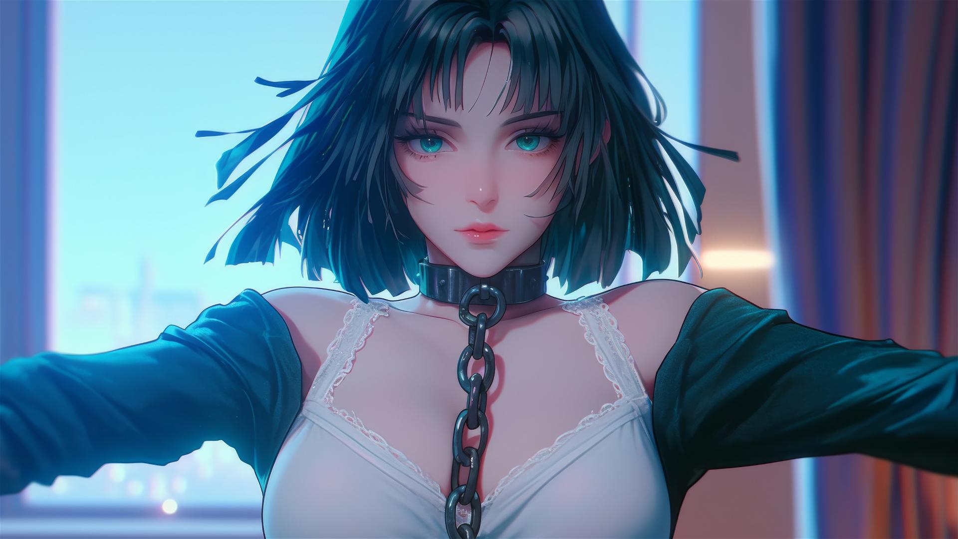 Fubuki from One Punch Man in a Christmas costume, chained, neon-lit, hotel room.