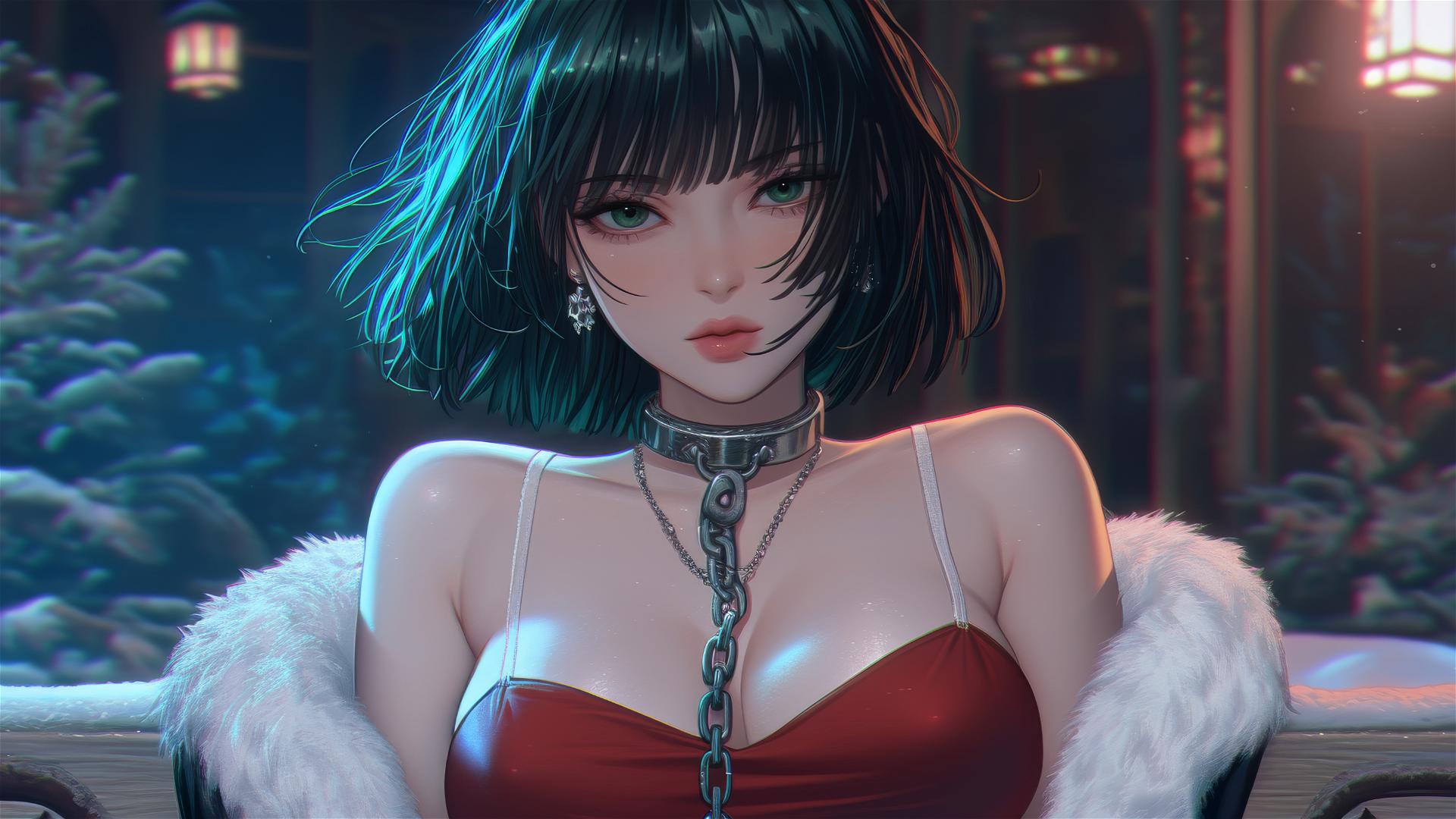 Fubuki from One Punch Man in a Christmas costume, chained, in a neon-lit hotel room