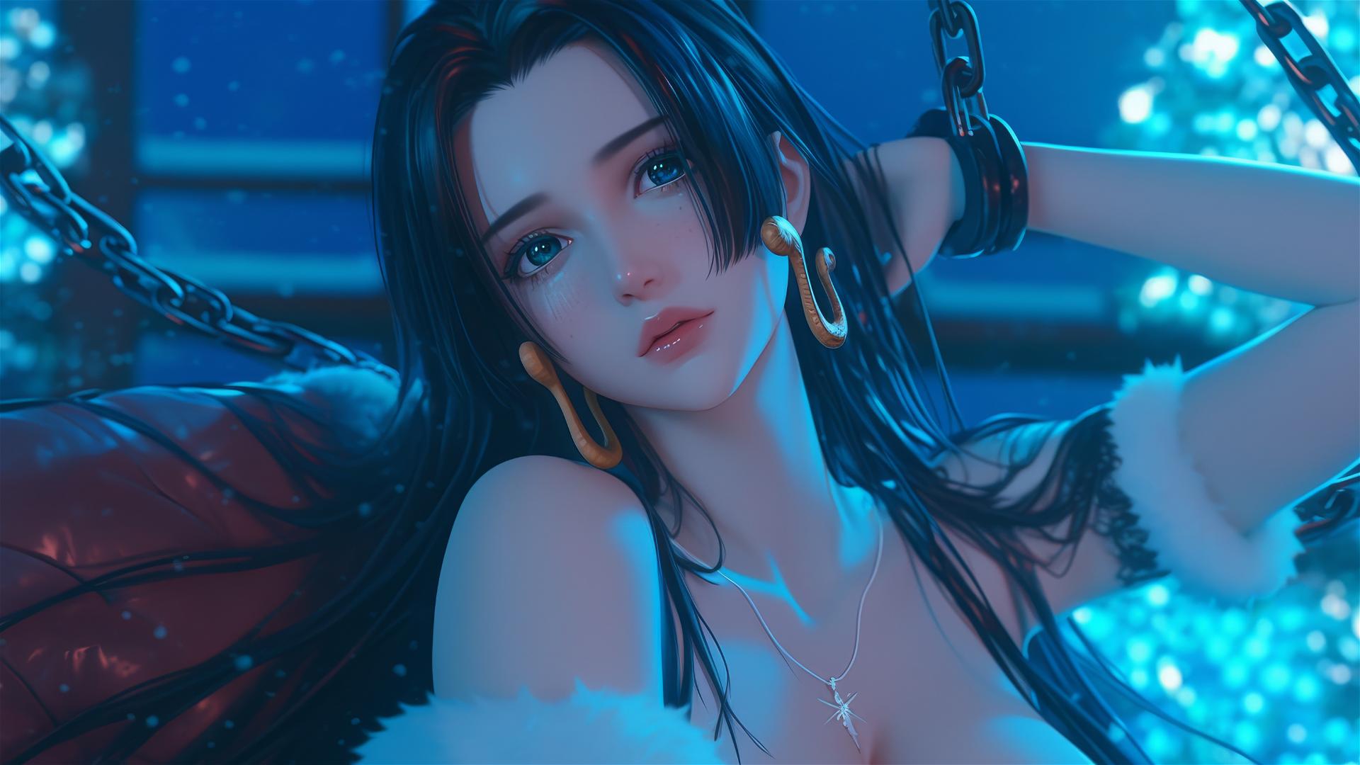 Boa Hancock in Christmas costume chained in a modern hotel room with neon glow