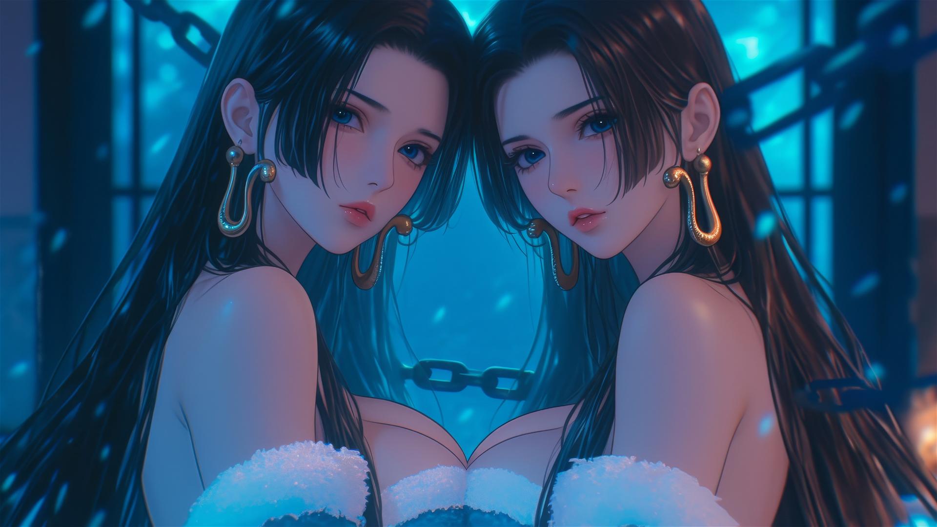 Boa Hancock in Christmas costume, chained, in neon-lit hotel room