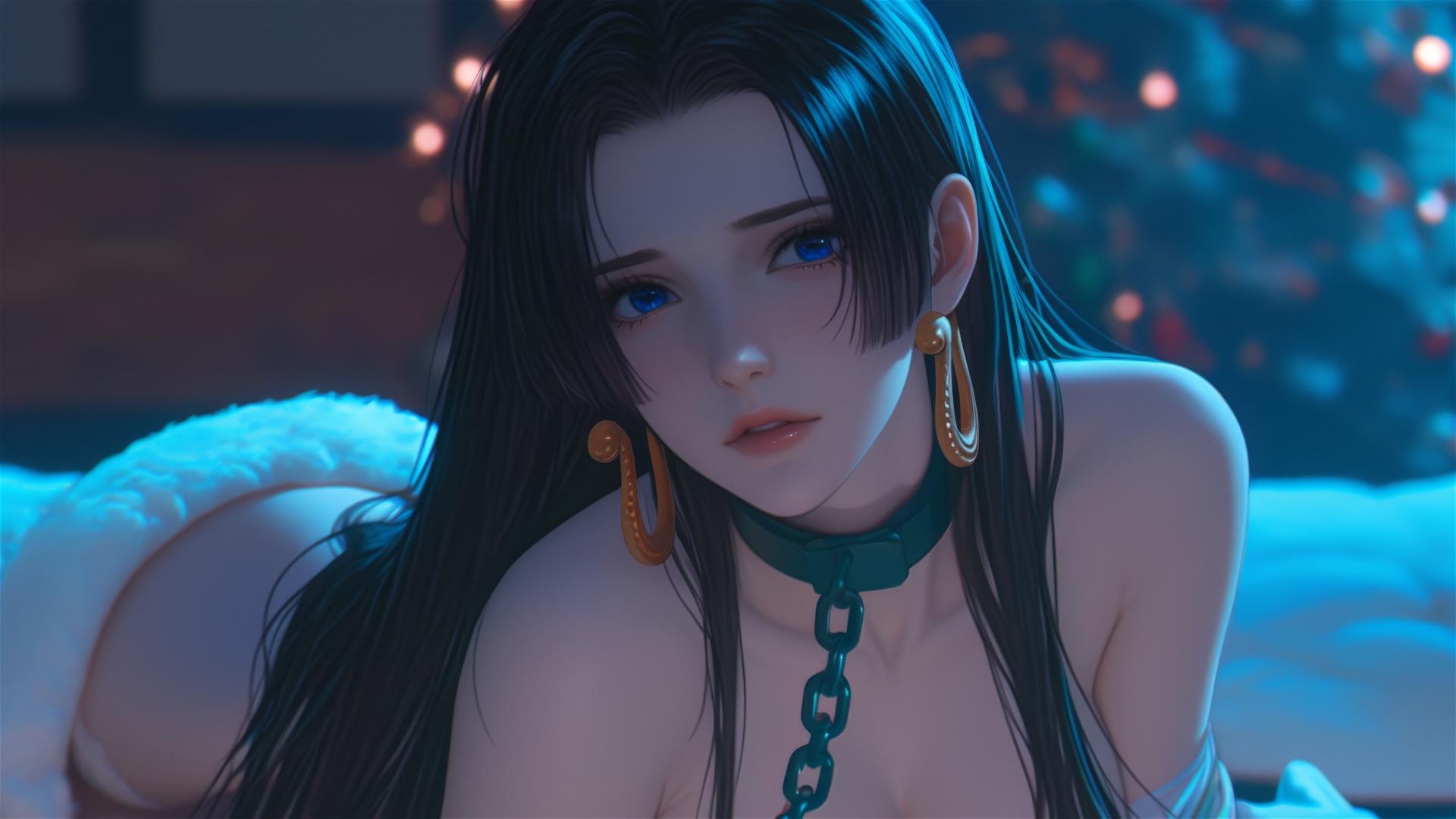 Boa Hancock in Christmas costume with iron chains in a neon-lit hotel room.