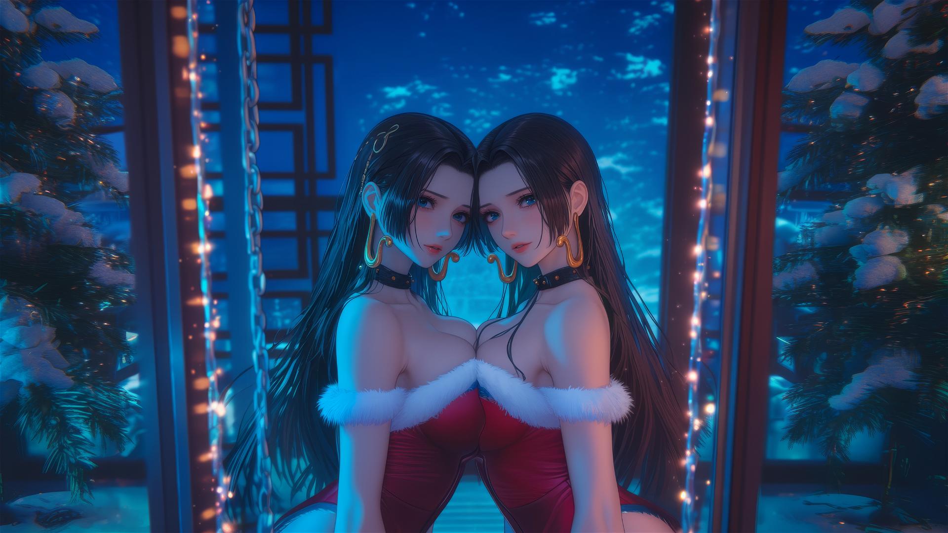 Boa Hancock in a Christmas costume chained in a modern hotel room with neon light