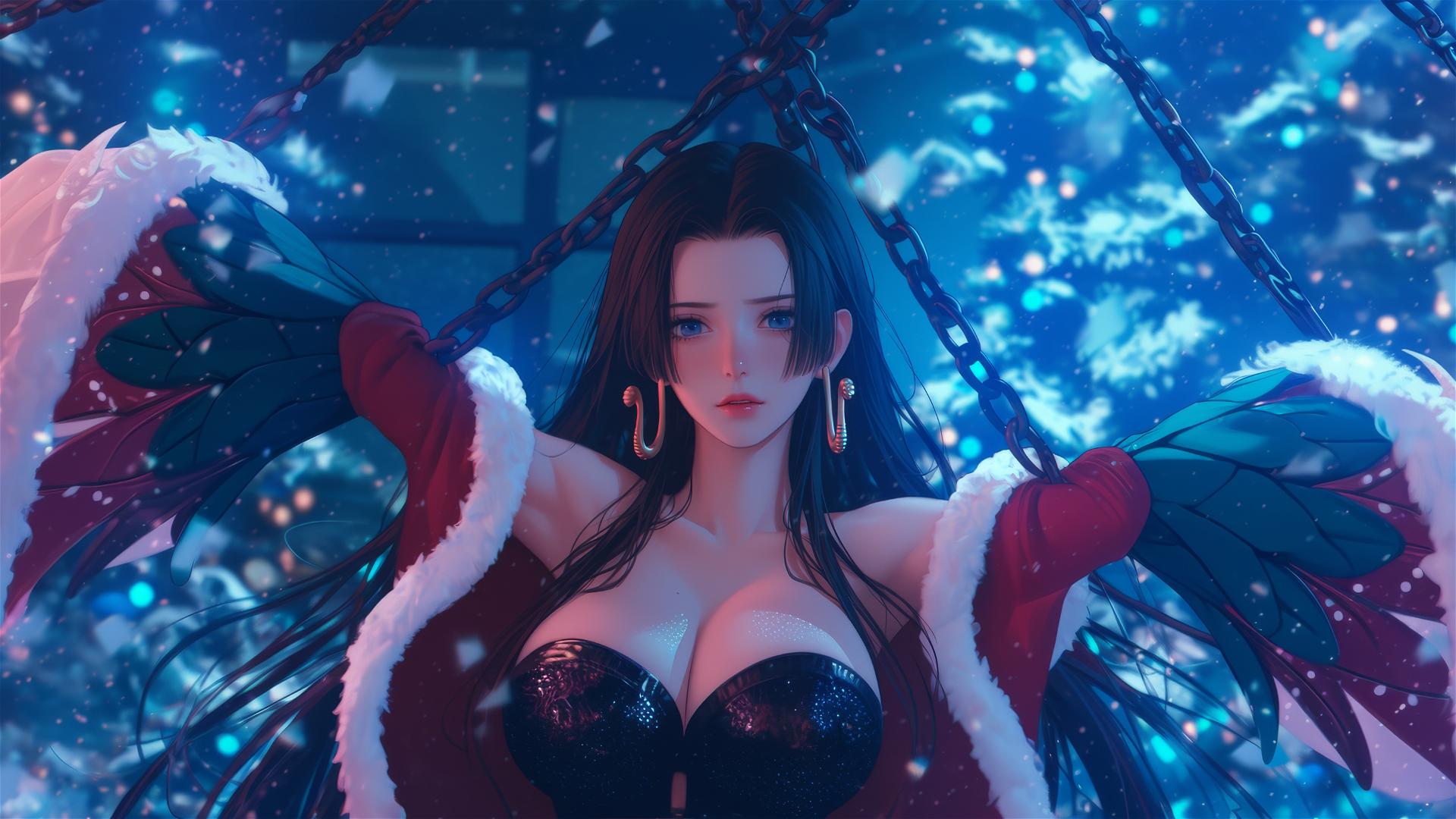 2 Boa Hancock from One Piece in Christmas costume, chained in a neon-lit hotel room.