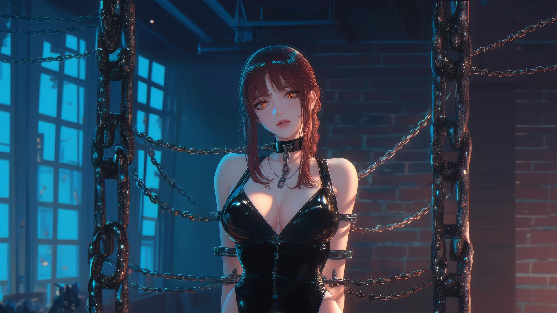 Makima from Chainsaw Man locked with thick iron chains in dark basement