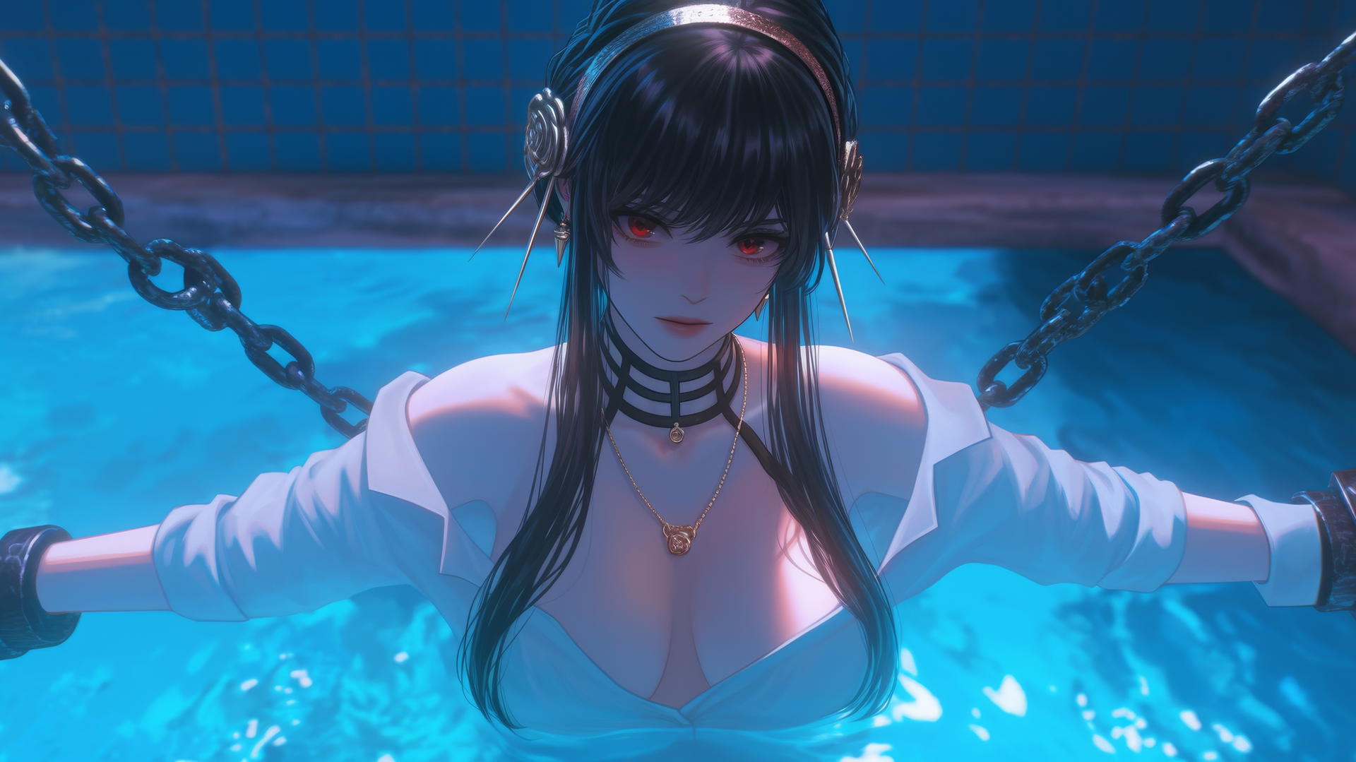 Yor Forger from Spy x Family chained in apartment, neon light, thigh focus