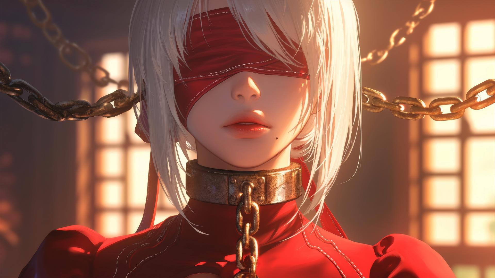 2B from Nier in red outfit with iron chains around her neck in a hotel room.